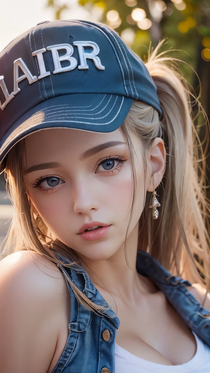 One girl, Terry Bogard Girl, Blonde, ponytail, blue eyes, Baseball cap, Eyes focus, Beautiful park background (8k), (highest quality), (masterpiece:1.2), (Realistic), (Very detailed), (Fine grain:1.2), (Detailed face:1.2), (realism:1.2), (super high quality), (Complex), (85mm), Particles of light, Lighting, (Very detailed:1.2), (Gradation), Colorful, SFW, Dawn, alone,(Upper Body Shot:1.5)