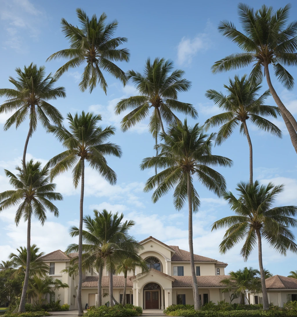 complete top of head, tropical sky and palm tree in background