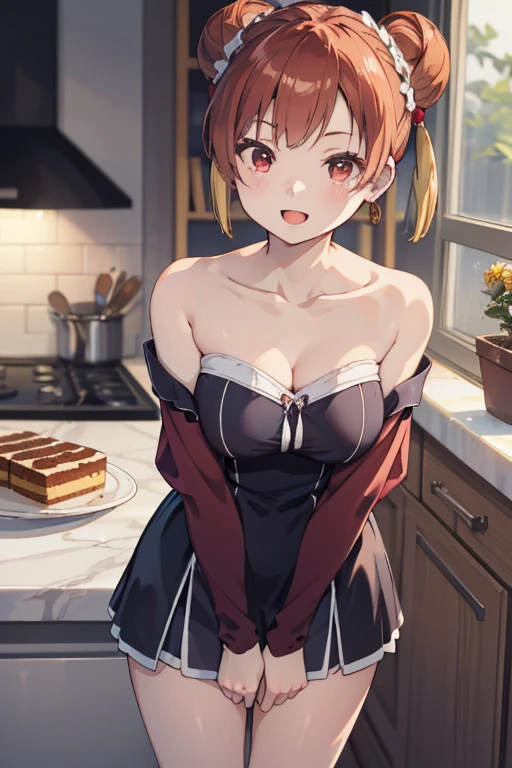 Adult Woman, masterpiece, 1girl, Amazing Cleavage:1.3, thin waist, big ass, Raised sexy, medium breast:1.3,posed cleavage:1.2,solo, open mouth, have a cup of coffee,black hair, red eyes, dress, bare shoulders, jewelry, collarbone, sidelocks, hairband, earrings, indoors, off shoulder, arms behind back, plant, short hair with long locks, black hairband, sweater dress, off-shoulder sweater, red sweater, big side hair, very long side hair,is rendered in (masterpiece: 1.2, best quality), with (ultra high resolution) and an exquisite (depth of field). This masterpiece is not only visually stunning but also tells, make of cooking some cakes ,in the kitchen,Long dark blonde wavy hair、her thin pubic hair, Puffy nipple、(short flared skirt)、garter stocking、Earring、Medium milk, cute smile face、(Pose to lean forward and emphasize the chest)、sexy hips、high-heels、atlibrary、((Close your arms to your chest and look up)),(with sparkling eyes and a contagious smile), looking at viewer,
