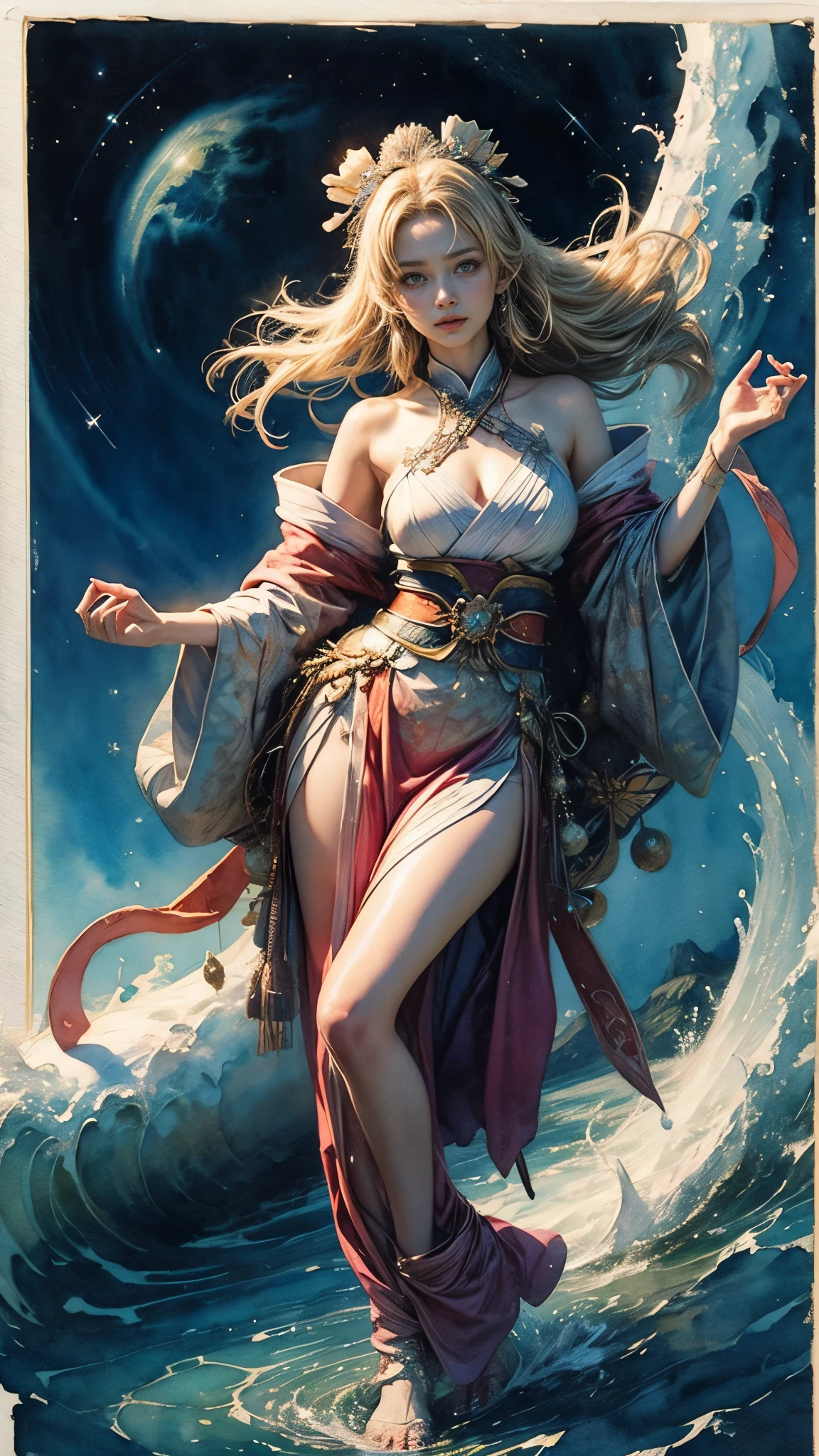 (masutepiece, of the highest quality, Best Quality, Official art, (Beautiful and aesthetic:1.4), (watercolor paiting:1.4) ),  (Toyotamahime 1.5), Goddess of Japan mythology, Dignified beauty, goddess of the sea、Goddess of the Waves、Komono、((((Komono))))、Support for samsara, God's Grace, Gentle and meditative expression, Flowing Celestial Garments, brilliance、Brought peace and a bountiful harvest to all the oceans on earth, Dancing to see the beautiful starry night sky、Blonde、