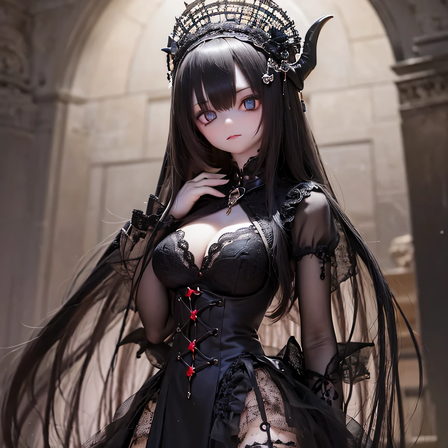 (best quality,4k,8k,highres,masterpiece:1.2),beautiful detailed eyes,long eyelashes,beautiful detailed lips,extremely detailed eyes and face,(vivid colors,colorful,contrast-enhanced:1.1),dark atmosphere,eerie ambiance,gothic style,demonic presence,devilish charm,(fine art,illustration:1.1),digital painting,dark fantasy theme,dramatic lighting,hauntingly beautiful,detailed textures, (horror, dark, sinister) girl, (gothic, Victorian) fashion, (mysterious, captivating) gaze, (pale, porcelain) skin, (long, flowing) black hair, (elegant, intricate) lace dress, (ominous, eerie) shadows, (creepy, otherworldly) backgrounds, (moonlit, haunted) garden, (sinister, enchanted) forest, (elegant, seductive) pose, (dark, ethereal) aura, (mystical, supernatural) powers, (forbidden, mysterious) rituals, (enchanted, cursed) artifacts, (twisted, distorted) reality, (bewitching, haunting) smile, (chilling, bone-chilling) silence, (elegant, gothic) architecture, (sinister, hypnotizing) eyes, (intense, dark) emotions, (powerful, commanding) presence, (ominous, foreboding) atmosphere, (macabre, spooky) details, (captivating, alluring) expression, (demonic, hauntingly beautiful) figure, (elegant, eerie) composition, (surreal, dreamlike) scenery, (grim, foreboding) clouds, (magical, mystical) elements, (enchanted, haunting) aura, (shadowy, mysterious) figures, (haunted, abandoned) mansion, (sinister, malicious) intentions, (supernatural, otherworldly) energy, (haunting, chilling) whispers, (elegant, dramatic) poses, (ethereal, ethereal) beauty, (devilish, captivating) eyes, (fierce, powerful) gaze.