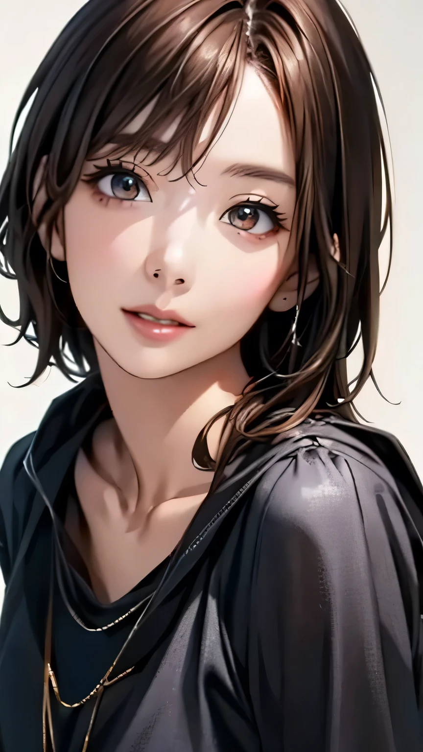 (highest quality、8k、32k、masterpiece)、(Realistic)、(Photorealistic:1.2)、(High resolution)、Very detailed、Very beautiful face and eyes、1 girl、Round and small face、Narrow waist、Delicate body、(close、highest quality、Attention to detail、Rich skin detail)、(highest quality、8k、Oil paint:1.2)、Very detailed、(Realistic、Realistic:1.37)、Bright colors、(((Brown Hair)))、(((Bust Shot)))、(((Pure white wall background)))、((Casual Fashion))