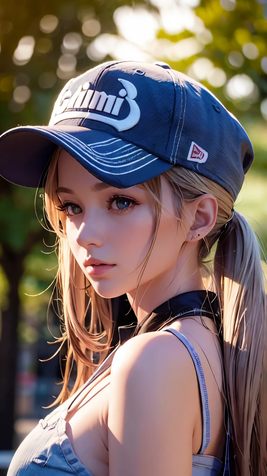 One girl, Terry Bogard Girl, Blonde, ponytail, blue eyes, Baseball cap, Eyes focus, Beautiful park background (8k), (highest quality), (masterpiece:1.2), (Realistic), (Very detailed), (Fine grain:1.2), (Detailed face:1.2), (realism:1.2), (super high quality), (Complex), (85mm), Particles of light, Lighting, (Very detailed:1.2), (Gradation), Colorful, SFW, Dawn, alone,(Upper Body Shot:1.5)