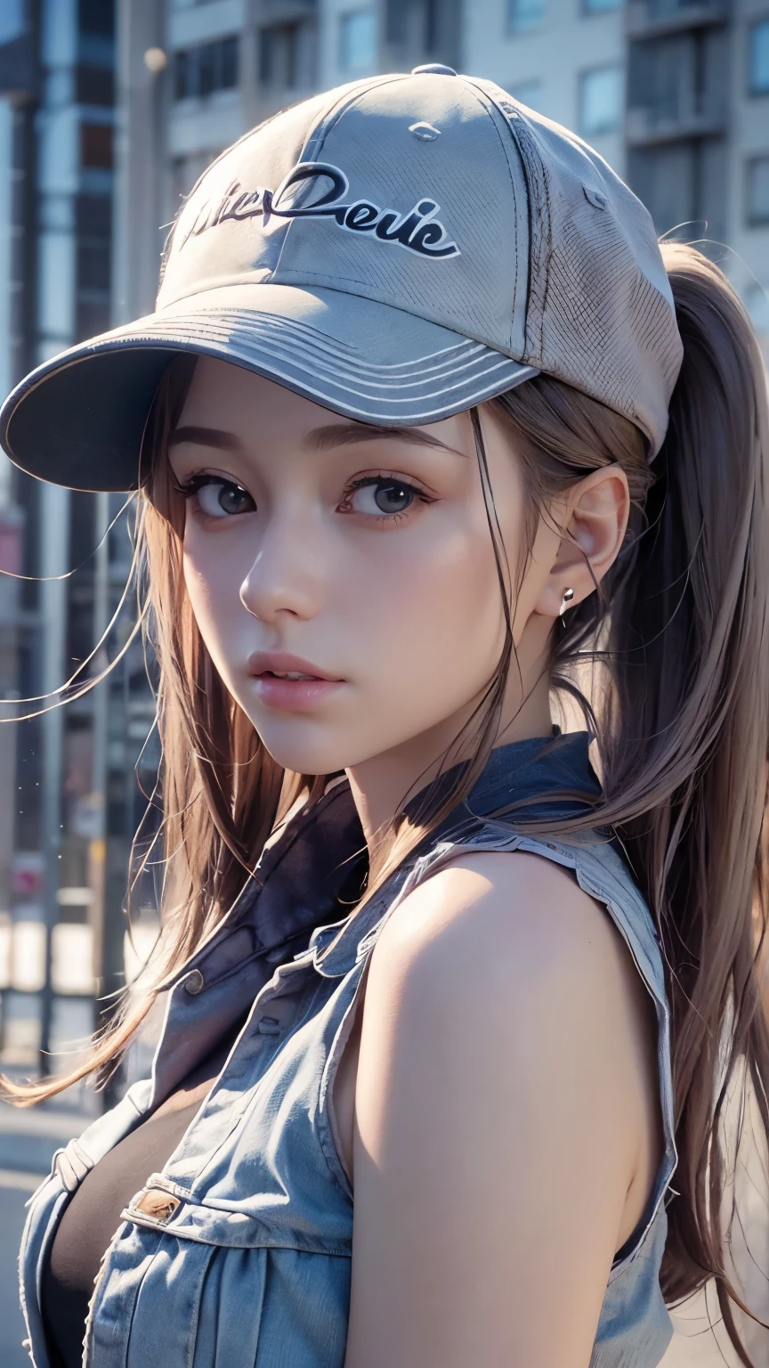One girl, Terry Bogard Girl, Blonde, ponytail, blue eyes, Baseball cap, Eyes focus, Beautiful park background (8k), (highest quality), (masterpiece:1.2), (Realistic), (Very detailed), (Fine grain:1.2), (Detailed face:1.2), (realism:1.2), (super high quality), (Complex), (85mm), Particles of light, Lighting, (Very detailed:1.2), (Gradation), Colorful, SFW, Dawn, alone,(Upper Body Shot:1.5)