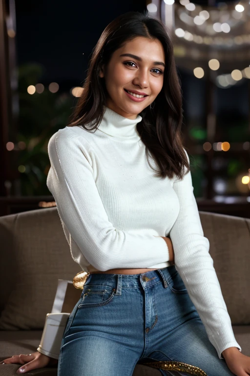 Highres close up photo of a woman, ultimate photorealism, rkps,  wearing jeans and white turtleneck, night time, ornate Indian jewelry, smiling, cinematic lighting, background of city lights in beautiful bokeh, 24 year old