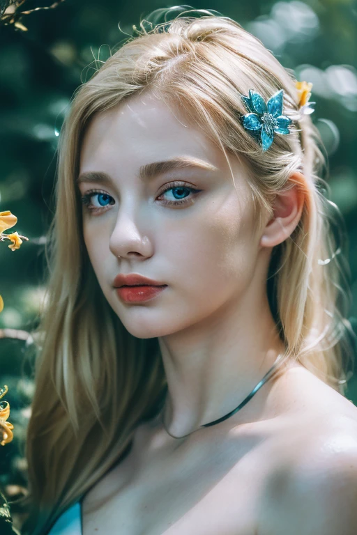 ( masterpiece, top quality, best quality,8k,17 years old girl,ultra detailed,raw photo:1.5),(photorealistic:1.4), (cinematic lighting), PerfectNwsjMajic, , Surrealism, UHD, ccurate, Super detail, textured skin, High detail, Best quality, dynamic angle, White skin,[Beautiful blue eyes], high nose,[flat chest:large breasts:0.5],(1girl),((good anatomy:0.5)),(covered in flowers:1.4), night sky, joint, (Blonde hair:1.3), interested in, fire and ice, (The image is divided into two，Available in a variety of colors:2), eyes blues, sapphire, liquid metal, night sky, (Look at an angle:1.3), (fire and ice), ((Lower chrome)), (hairpin:1.4), (forest:1.3), (fog: 1.3),  Subtle colors and tones, mystical aura