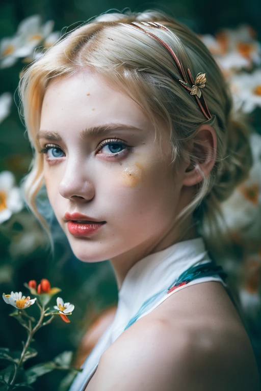 ( masterpiece, top quality, best quality,8k, girl,ultra detailed,raw photo:1.5),(photorealistic:1.4), (cinematic lighting), PerfectNwsjMajic, , Surrealism, UHD, ccurate, Super detail, textured skin, High detail, Best quality, dynamic angle, White skin,[Beautiful blue eyes], high nose,[flat chest:large breasts:0.5],(1girl),((good anatomy:0.5)),(covered in flowers:1.4), night sky, joint, (Blonde hair:1.3), interested in, fire and ice, (The image is divided into two，Available in a variety of colors:2), eyes blues, sapphire, liquid metal, night sky, (Look at an angle:1.3), (fire and ice), ((Lower chrome)), (hairpin:1.4), (forest:1.3), (fog: 1.3)