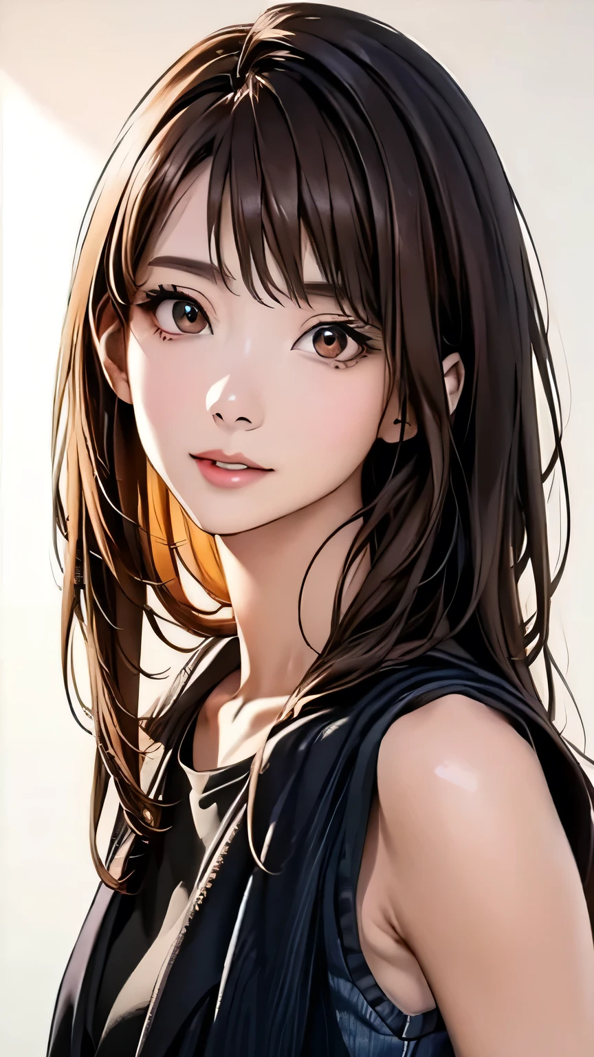 (highest quality、8k、32k、masterpiece)、(Realistic)、(Photorealistic:1.2)、(High resolution)、Very detailed、Very beautiful face and eyes、1 girl、Round and small face、Narrow waist、Delicate body、(close、highest quality、Attention to detail、Rich skin detail)、(highest quality、8k、Oil paint:1.2)、Very detailed、(Realistic、Realistic:1.37)、Bright colors、(((Brown Hair)))、(((Bust Shot)))、(((Pure white wall background)))、((Casual Fashion))