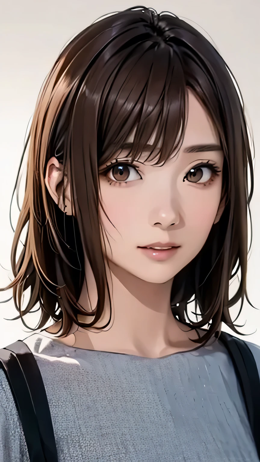(highest quality、8k、32k、masterpiece)、(Realistic)、(Photorealistic:1.2)、(High resolution)、Very detailed、Very beautiful face and eyes、1 girl、Round and small face、Narrow waist、Delicate body、(close、highest quality、Attention to detail、Rich skin detail)、(highest quality、8k、Oil paint:1.2)、Very detailed、(Realistic、Realistic:1.37)、Bright colors、(((Brown Hair)))、(((Bust Shot)))、(((Pure white wall background)))、((Casual Fashion))
