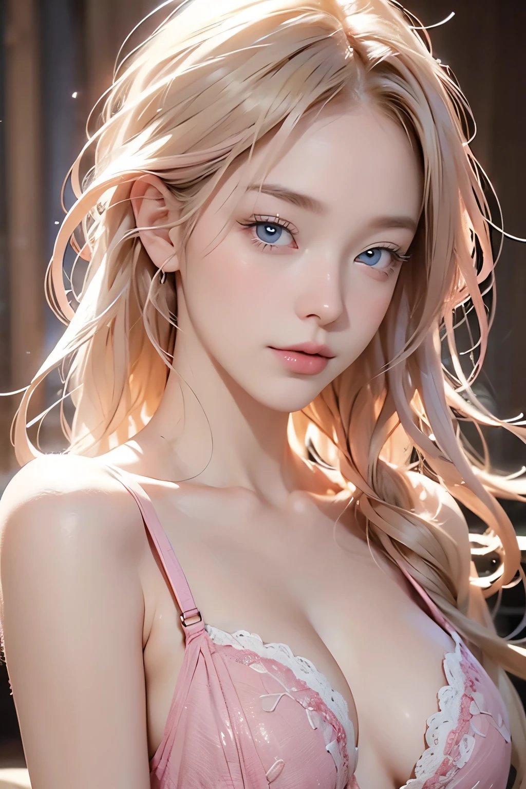 Very beautiful sexy blonde masterpiece, pink hair, blue eyes, expressive eyes, detailed skin, realistic skin texture, texture, detailed eyes, beautiful woman, pink bra, pink lace panties,