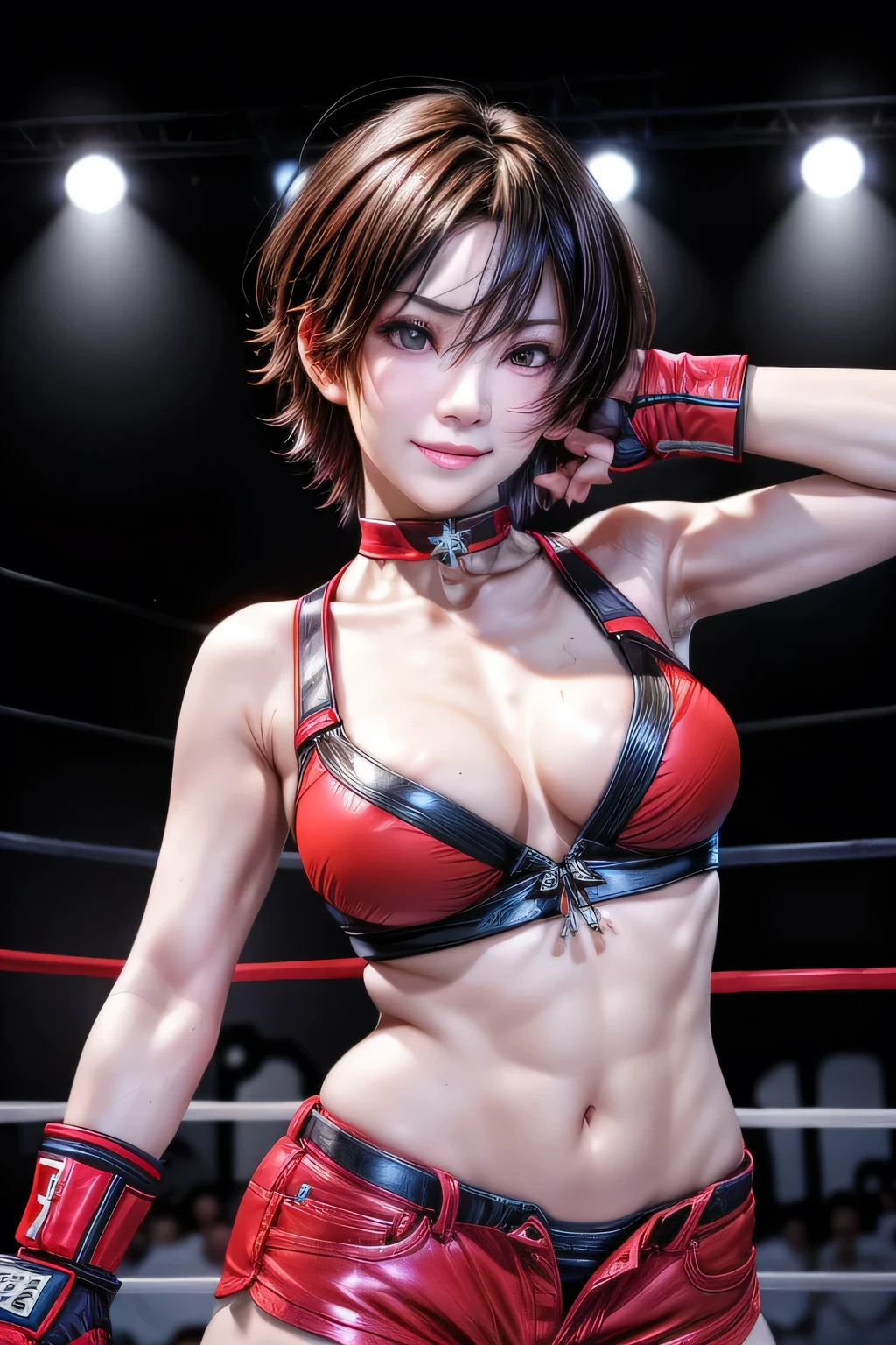 1girl,18yo,perfect hands, perfect finger,perfect anatomy,masterpiece, best quality,realistic, hyperrealistic, 16k hdr,,HINOMOTO_REIKO,large BREASTS,SHORT HAIR,BLACK HAIR,NAVEL, CLEAVAGE, BROWN EYES,BOOTS,CHOKER,MIDRIFF, FINGERLESS GLOVES,(RED SHORT SHORTS,red bra,thong:1.2),(erected nipples),sweat,(boxing ring,spot light),(sexy pose,hands behind head,armpits:1.5),dynamic pose,dynamic angle,smile,,from below,(upper body:1.1)