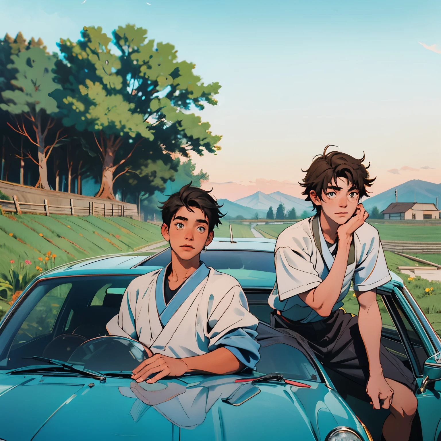 two male teenagers chatting and sitting on the roof of a car during the summer. they are in the Japanese countryside