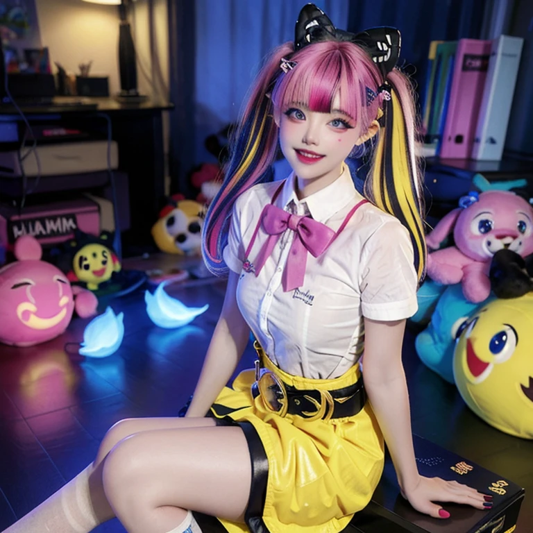 , 1girl, twintails,( multicolored hai:1.5)r, hair over one eye, x hair ornament, hair ornament, blue eyes, blue hair, smile, bow, pink hair, blonde hair, solo, looking at viewer, yellow bow, indoors, heart, makeup, skirt, selfie, phone, dress, teeth, hairclip, monitor, reaching towards viewer, long hair, bangs, short sleeves, pink nails, bowtie, suspenders, yellow bowtie, hair tie, open mouth, computer, stuffed toy, sitting, shirt, livestream, belt, quad tails, pill, v,sparkle,violet lighting,,the most beautiful form of chaos, elegant, a brutalist designed, vivid colours, romanticism, atmospheric, (RAW photo, best quality), (realistic, photo-realistic:1.3), masterpiece, an extremely delicate and beautiful, extremely detailed,, (floating colorful {wind|water magic|ink|crystals|fire|ice|flame|lightning|web|rocks|sand|particles|sparkles|blood}:1), full body, side view 