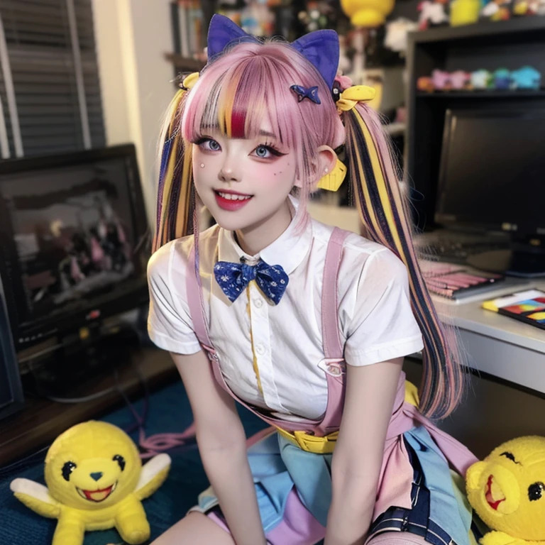 , 1girl, twintails,( multicolored hai:1.5)r, hair over one eye, x hair ornament, hair ornament, blue eyes, blue hair, smile, bow, pink hair, blonde hair, solo, looking at viewer, yellow bow, indoors, heart, makeup, skirt, selfie, phone, dress, teeth, hairclip, monitor, reaching towards viewer, long hair, bangs, short sleeves, pink nails, bowtie, suspenders, yellow bowtie, hair tie, open mouth, computer, stuffed toy, sitting, shirt, livestream, belt, quad tails, pill, v,sparkle,violet lighting,,the most beautiful form of chaos, elegant, a brutalist designed, vivid colours, romanticism, atmospheric, (RAW photo, best quality), (realistic, photo-realistic:1.3), masterpiece, an extremely delicate and beautiful, extremely detailed,, (floating colorful {wind|water magic|ink|crystals|fire|ice|flame|lightning|web|rocks|sand|particles|sparkles|blood}:1), full body, side view