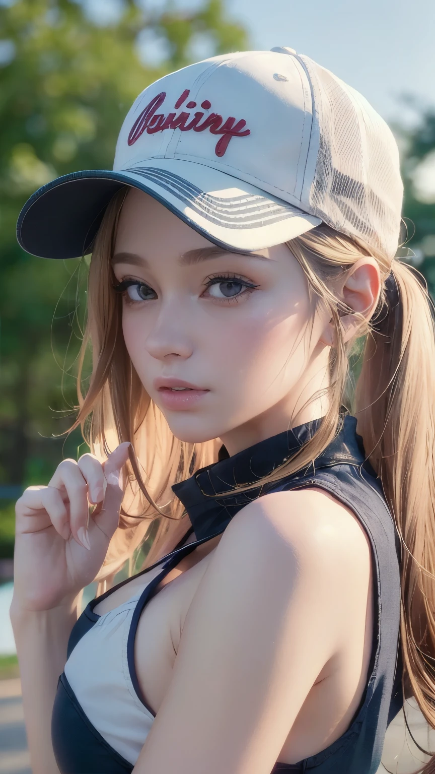 One girl, Terry Bogard Girl, Blonde, ponytail, blue eyes, Baseball cap, Eyes focus, Beautiful park background (8k), (highest quality), (masterpiece:1.2), (Realistic), (Very detailed), (Fine grain:1.2), (Detailed face:1.2), (realism:1.2), (super high quality), (Complex), (85mm), Particles of light, Lighting, (Very detailed:1.2), (Gradation), Colorful, SFW, Dawn, alone,(Upper Body Shot:1.5)