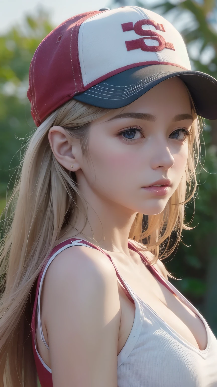 One girl, Terry Bogard Girl, Blonde, ponytail, blue eyes, Baseball cap, Eyes focus, Beautiful park background (8k), (highest quality), (masterpiece:1.2), (Realistic), (Very detailed), (Fine grain:1.2), (Detailed face:1.2), (realism:1.2), (super high quality), (Complex), (85mm), Particles of light, Lighting, (Very detailed:1.2), (Gradation), Colorful, SFW, Dawn, alone,(Upper Body Shot:1.5)