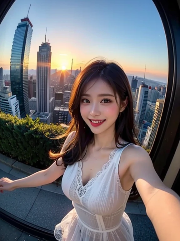 1人の女性((Upper body selfie、Happiness))、Above a high-rise building、city below、​masterpiece、top-quality、ultra-detailliert、(Smooth lighting:1.05)、32K、Realistic lighting、the ground、（japanes:1）、（a blond:1.1）、gals、Wearing a black bunny costume、large full breasts、Looking at the camera、jolly、Happiness