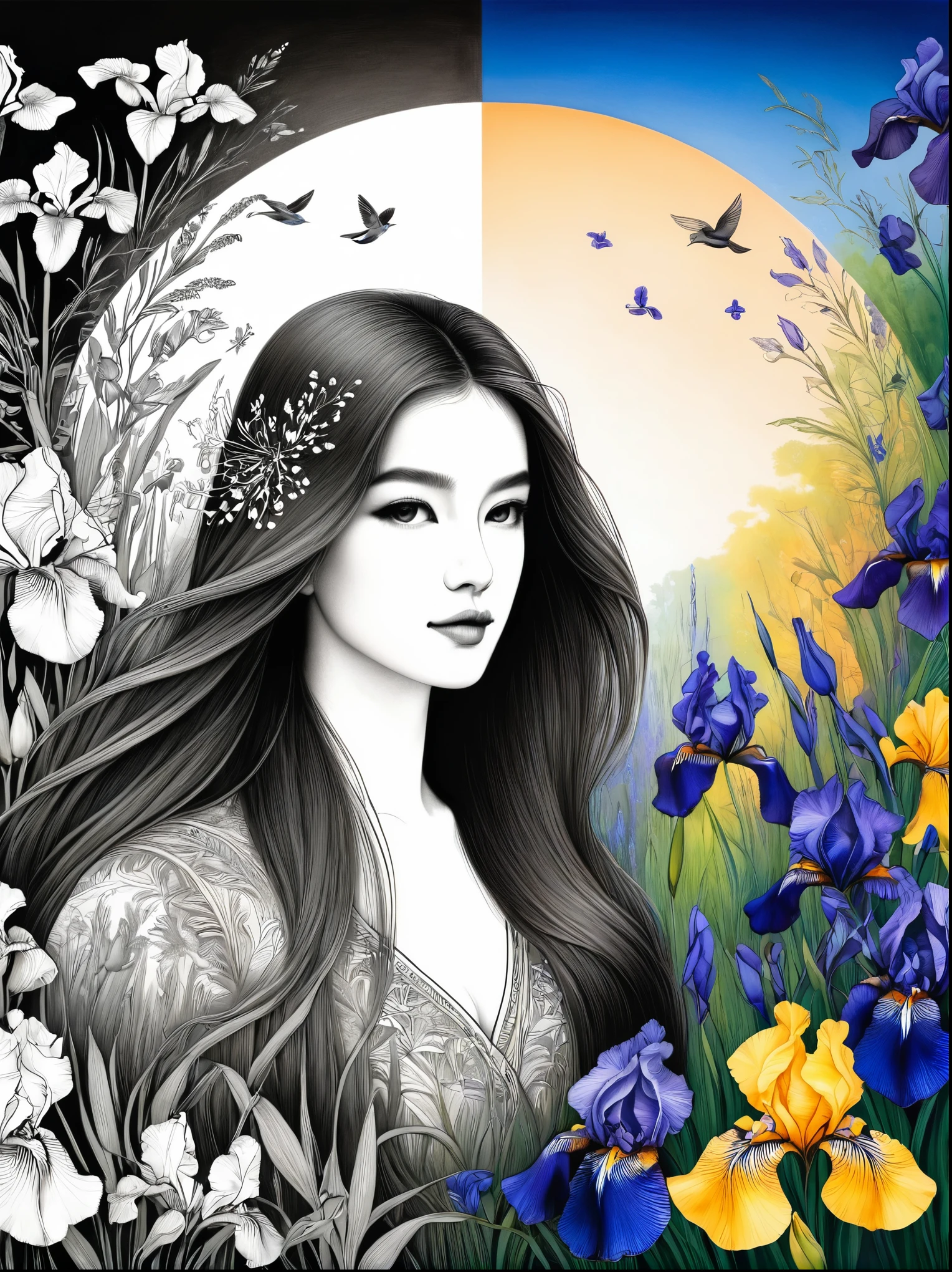 Bird，Wildflowers and irises in a forest setting，1 image of a long-haired beauty，Artwork should be in pencil drawing style，Transition from black and white on the left half to bright colors on the right half，Ensure seamless integration between the two halves，No dividing line，The scene is the same on both sides，Black and white pencil detail on left side，Right side filled with color，The blend formed in the whole image，Perfect details, animation art style, Large murals, Sharp contrast between light and dark