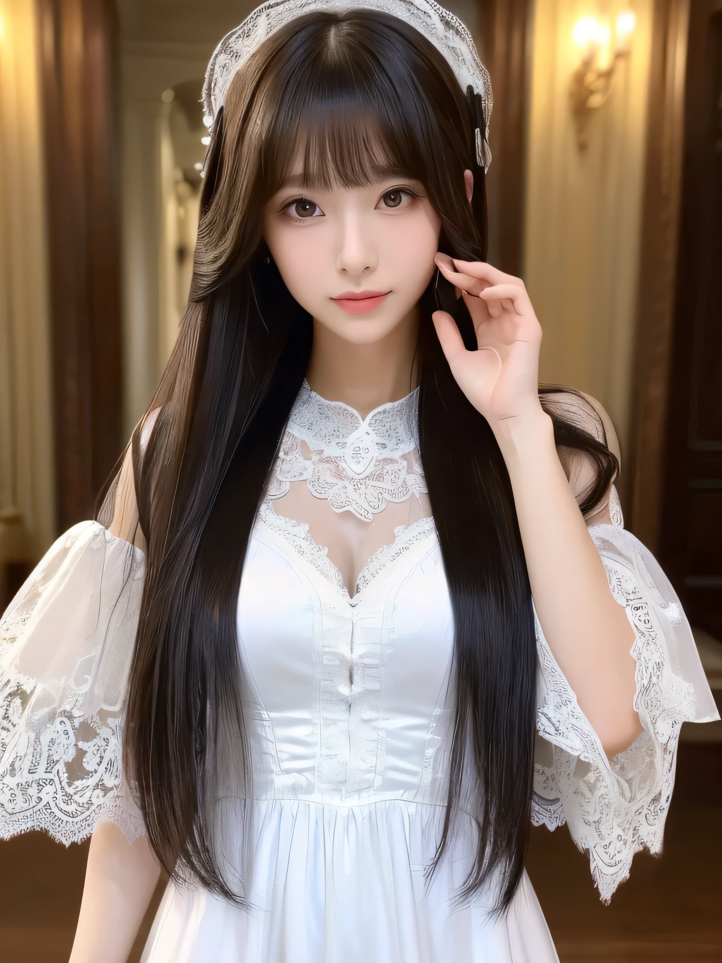 ((Full Body Shot:1.5))　(big 1.4)　((highest quality)), ((masterpiece)), (Get used to it), Perfect Face　(1 girl)　(Japanese)　(She is 24 years old、The most beautiful fantasy girls in Japan)　((highest quality)), ((masterpiece))　((Her hair is incredibly straight, reaches down to her waist, is very shiny and glossy, and has a lot of volume and shine. Her hair is a deep black.))　(Her bangs are beautiful and lush:1.3)　(She has perfect beautiful makeup　Lipstick is light red　Ilaner is a beautiful black)　Anatomically correct hand　Thin fingers　Anatomically correct five fingers　Beautiful Japanese girl face, (Long Hair shiny Long Hair, length, Shiny Thick black hair, length, Her hair is long and straight, Super Long Hair girl, Silky Hair, Silky Hair, length, Flat Hair, Silky texture, Long Hair, length, Flowing, Thick black hair, thin and shiny hair)　Anatomically correct、White beautiful human skin and detail of hands and fingers　Beautiful Eyes　Mouth Details　the corners of the mouth rise slightly　Cool look　　(The eyebrows are dark brown in color)　　(She is wearing a fantasy pure white lace gown dress and healing spellcaster gear.....:1.5　She is wearing a gorgeous white Victorian dress:1.I&#39;wear 5..)　(This is a forest in a fantasy world.:1.5)　(She has a magic wand、Ice magic pose:2.2)　(Open your mouth:1.3)　(She turns to the viewer and smiles sweetly....)