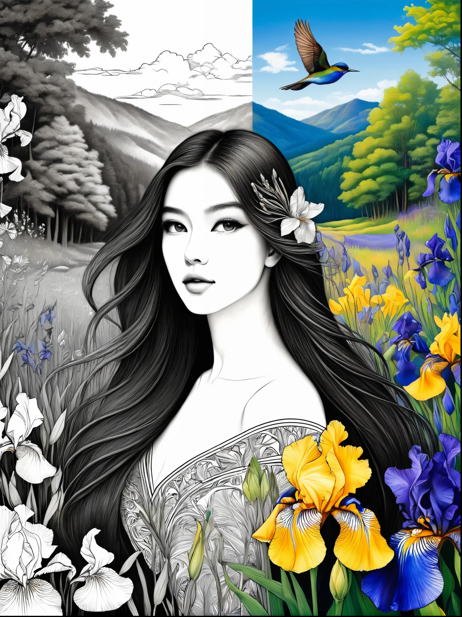 Bird，Wildflowers and irises in a forest setting，1 image of a long-haired beauty，Artwork should be in pencil drawing style，Transition from black and white on the left half to bright colors on the right half，Ensure seamless integration between the two halves，No dividing line，The scene is the same on both sides，Black and white pencil detail on left side，Right side filled with color，The blend formed in the whole image，Perfect details, animation art style, Large murals, Sharp contrast between light and dark