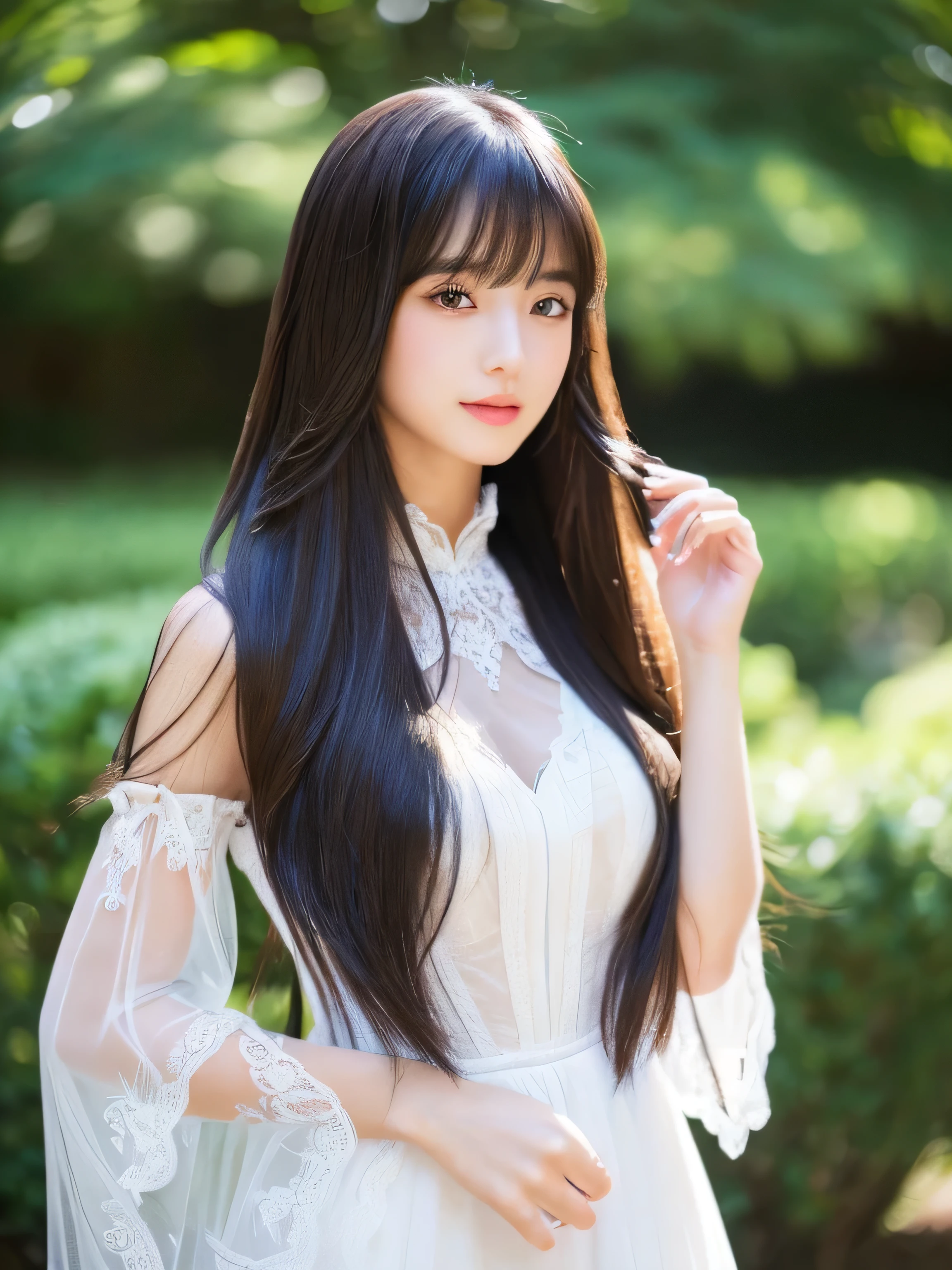 ((Full Body Shot:1.5)) (big 1.4) ((highest quality)), ((masterpiece)), (Get used to it), Perfect Face (1 girl) (Japanese) (She is 24 years old、The most beautiful fantasy girls in Japan) ((highest quality)), ((masterpiece)) ((Her hair is incredibly straight, reaches down to her waist, is very shiny and glossy, and has a lot of volume and shine. Her hair is a deep black.)) (Her bangs are beautiful and lush:1.3) (She has perfect beautiful makeup Lipstick is light red Ilaner is a beautiful black) Anatomically correct hand Thin fingers Anatomically correct five fingers Beautiful Japanese girl face, (Long Hair shiny Long Hair, length, Shiny Thick black hair, length, Her hair is long and straight, Super Long Hair girl, Silky Hair, Silky Hair, length, Flat Hair, Silky texture, Long Hair, length, Flowing, Thick black hair, thin and shiny hair) Anatomically correct、White beautiful human skin and detail of hands and fingers Beautiful Eyes Mouth Details the corners of the mouth rise slightly Cool look (The eyebrows are dark brown in color) (She is wearing a fantasy pure white lace gown dress and healing spellcaster gear.....:1.5 She is wearing a gorgeous white Victorian dress:1.I'wear 5..) (This is a forest in a fantasy world.:1.5) (She has a magic wand、Ice magic pose:2.2) (Open your mouth:1.3) (She turns to the viewer and smiles sweetly....)