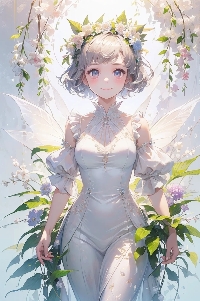 (masterpiece、highest quality、highest quality、Beautiful and beautiful:1.2)、(Good anatomy:1.5)、Milky white short hair girl painting、White Fairy Costume、Adorable smile、looking at the camera、put flowers and leaves on your head、digitalis