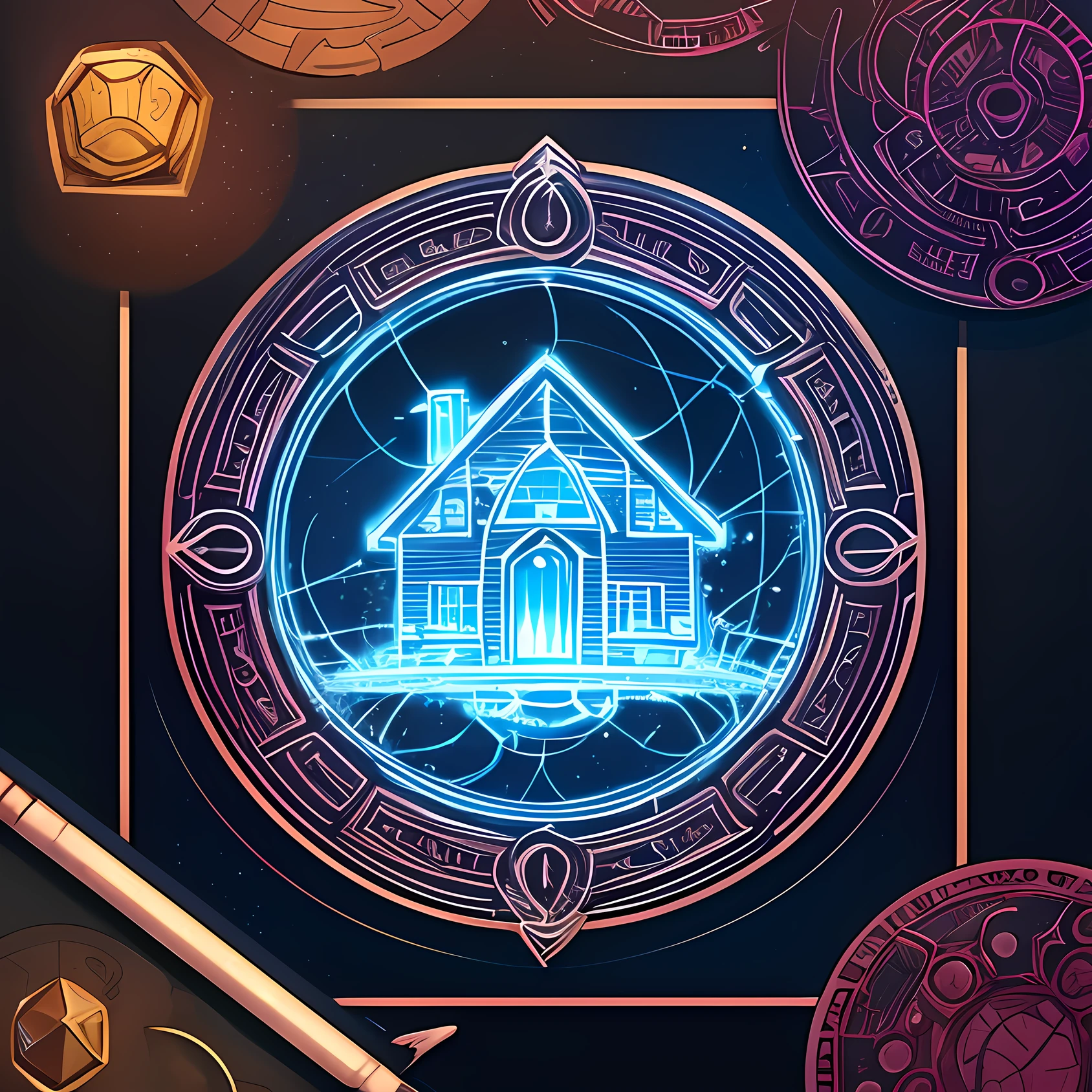 Draw a magic house icon，Marvel Universe style，Embodies the theme of AI，Rich in technology and mystery，It's like it was created by an alien civilization，Very dreamy --auto