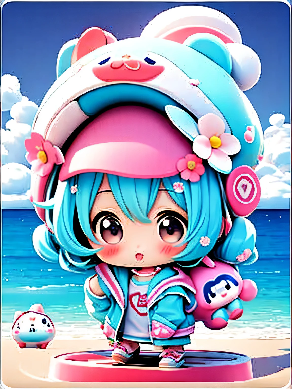 Ai Yazawa style, Kawaii Design, The most beautiful girl of all time、(((Chibi))), play together、Cute Aliens, Beach, Swimwear,