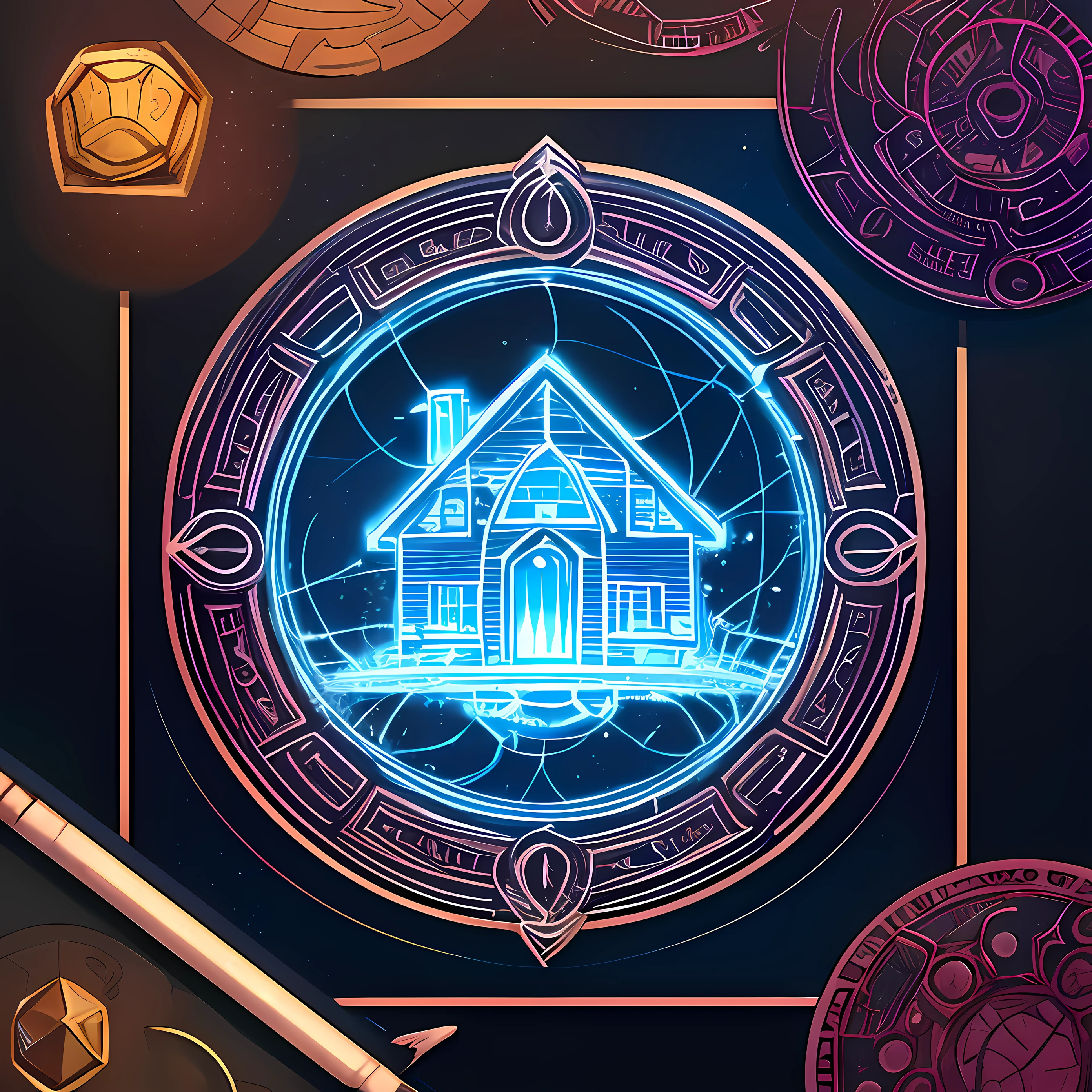 Draw a magic house icon，Marvel Universe style，Embodies the theme of AI，Rich in technology and mystery，It's like it was created by an alien civilization，Very dreamy --auto