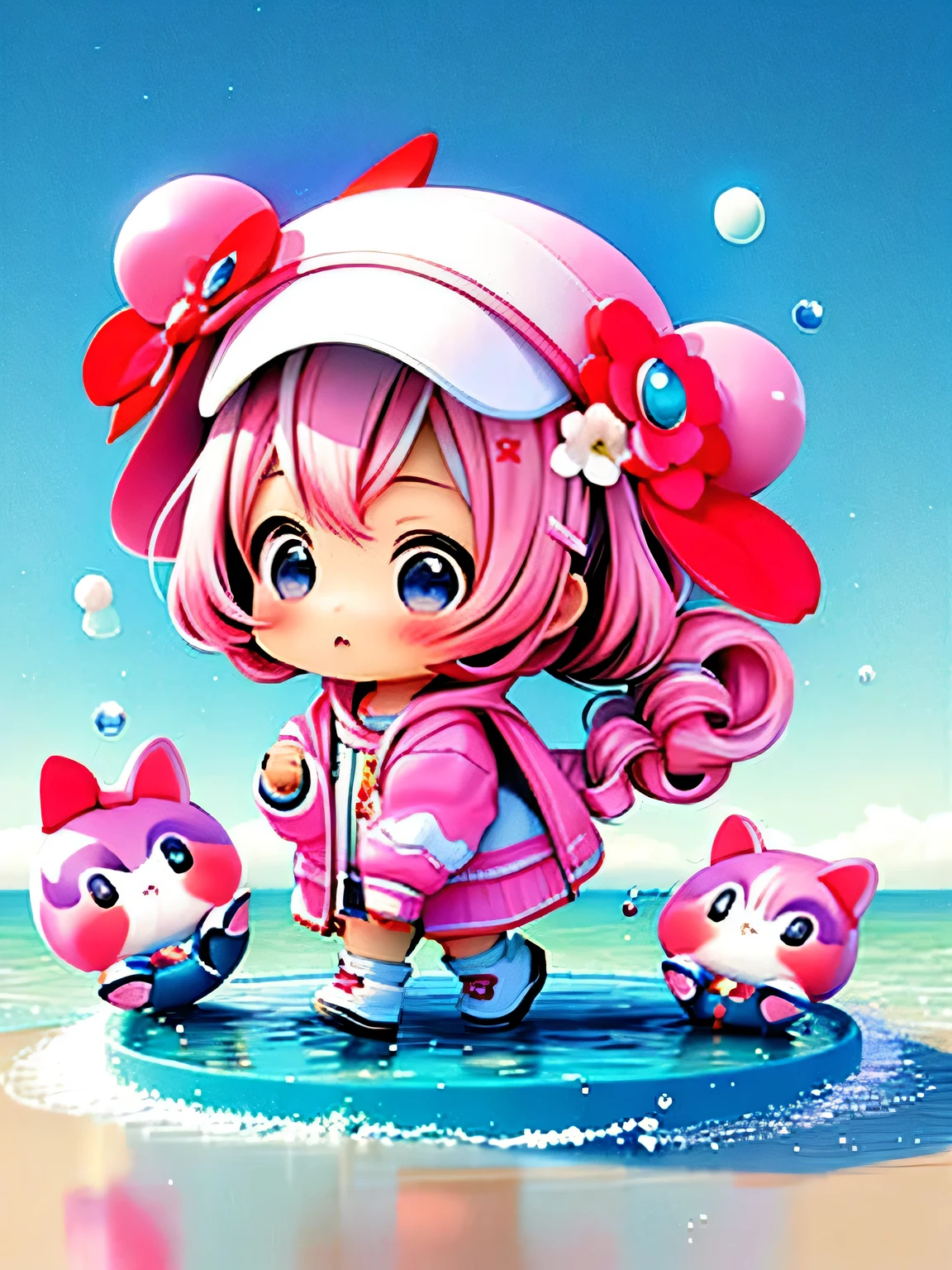 Ai Yazawa style, Kawaii Design, The most beautiful girl of all time、(((Chibi))), play together、Cute Aliens, Beach, Swimwear,