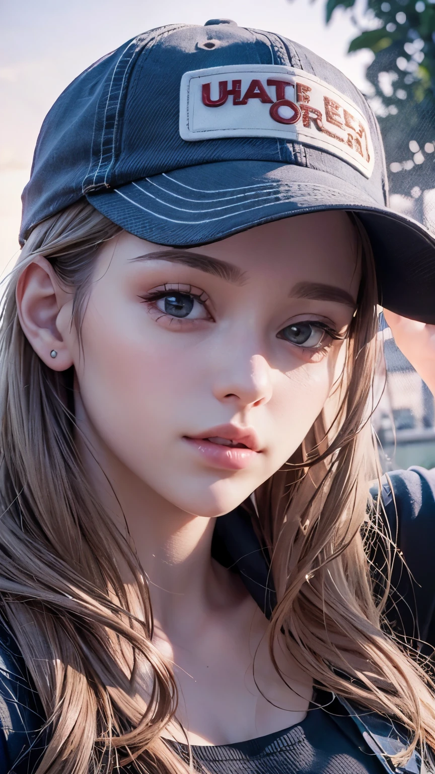 One girl, Terry Bogard Girl, Blonde, ponytail, blue eyes, Baseball cap, Eyes focus, Beautiful park background (8k), (highest quality), (masterpiece:1.2), (Realistic), (Very detailed), (Fine grain:1.2), (Detailed face:1.2), (realism:1.2), (super high quality), (Complex), (85mm), Particles of light, Lighting, (Very detailed:1.2), (Gradation), Colorful, SFW, Dawn, alone,(Upper Body Shot:1.5)