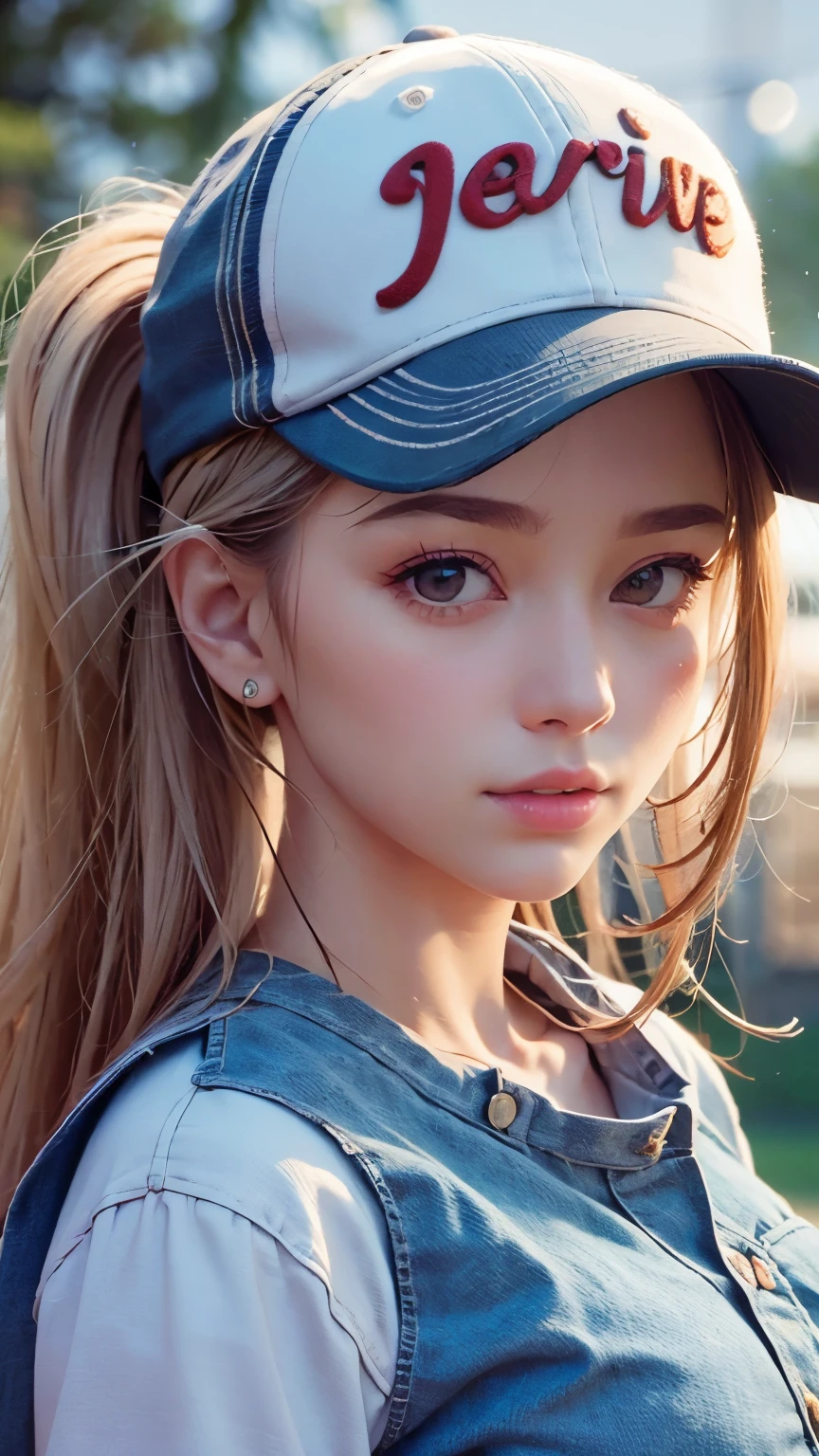 One girl, Terry Bogard Girl, Blonde, ponytail, blue eyes, Baseball cap, Eyes focus, Beautiful park background (8k), (highest quality), (masterpiece:1.2), (Realistic), (Very detailed), (Fine grain:1.2), (Detailed face:1.2), (realism:1.2), (super high quality), (Complex), (85mm), Particles of light, Lighting, (Very detailed:1.2), (Gradation), Colorful, SFW, Dawn, alone,(Upper Body Shot:1.5)