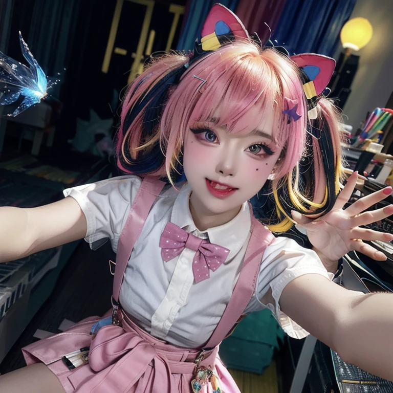 , 1girl, twintails,( multicolored hai:1.5)r, hair over one eye, x hair ornament, hair ornament, blue eyes, blue hair, smile, bow, pink hair, blonde hair, solo, looking at viewer, yellow bow, indoors, heart, makeup, skirt, selfie, phone, dress, teeth, hairclip, monitor, reaching towards viewer, long hair, bangs, short sleeves, pink nails, bowtie, suspenders, yellow bowtie, hair tie, open mouth, computer, stuffed toy, bending over, shirt, livestream, belt, quad tails, pill, v,sparkle,violet lighting,,the most beautiful form of chaos, elegant, a brutalist designed, vivid colours, romanticism, atmospheric, (RAW photo, best quality), (realistic, photo-realistic:1.3), masterpiece, an extremely delicate and beautiful, extremely detailed,, (floating colorful {wind|water magic|ink|crystals|fire|ice|flame|lightning|web|rocks|sand|particles|sparkles|blood}:1), full body, back view