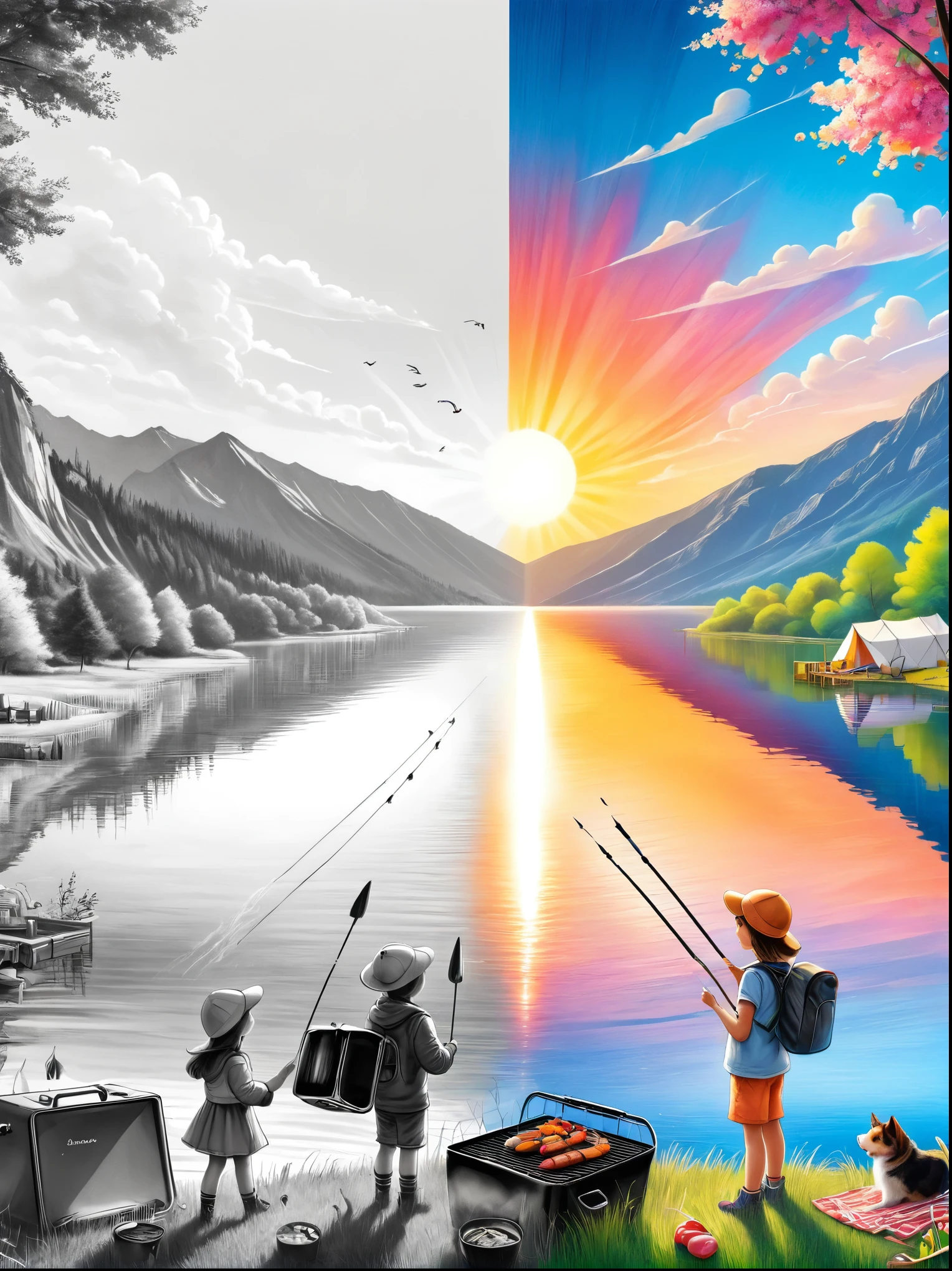A cute boy and girl, tent camp, spring outing, lake, nature scenery, barbecue, blue sky, The artwork should transition from a pencil drawing style in black and white on the left half to vibrant colors on the right half. Ensure a seamless integration between the two halves without any dividing line. The scene is identical on both sides, with the left side featuring detailed black and white pencil strokes and the right side filled with colors, creating a harmonious blend across the image.