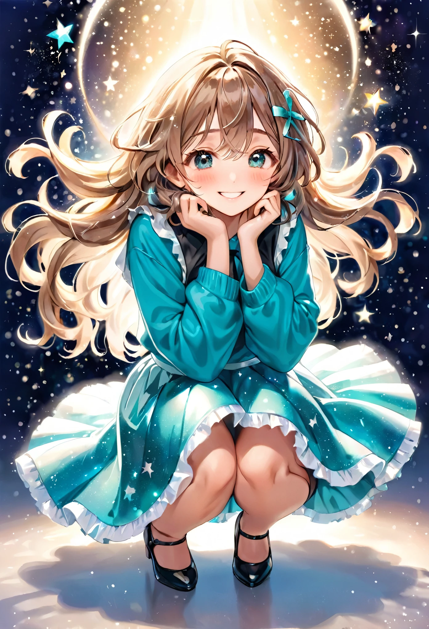 a work of art that combines photography and watercolors, best quality, super fine, 16k, incredibly absurdres, extremely detailed, beautiful woman, light brown messy wavy hair, wind-effect, crescent eyes, squint your eyes and smile, crouch down, squat, soft and fluffy clothing, long skirt, blurred and sparkling stars image effect, professional lighting, background Tiffany blue and silver ribbon picture frame