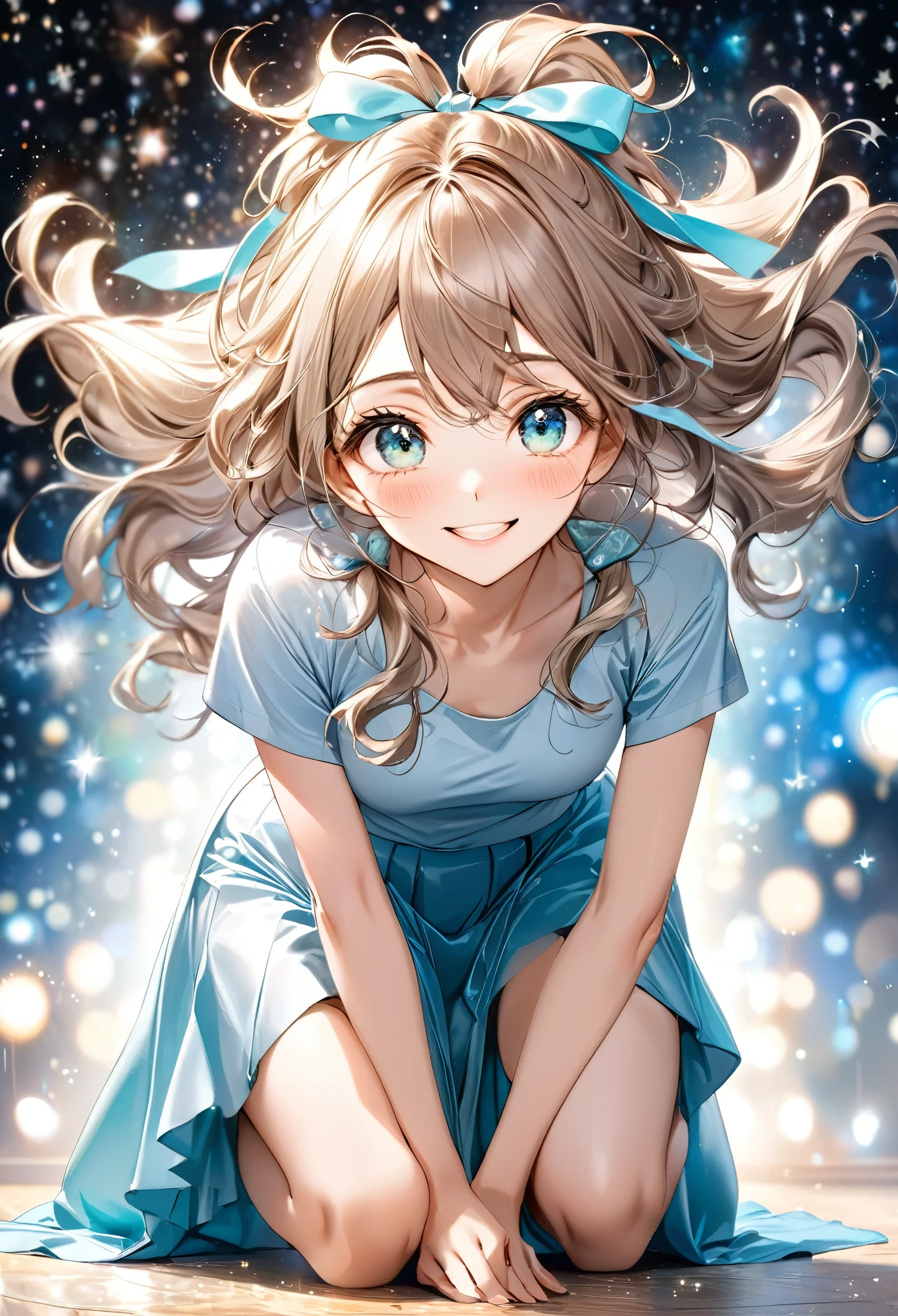 a work of art that combines photography and watercolors, best quality, super fine, 16k, incredibly absurdres, extremely detailed, beautiful woman, light brown messy wavy hair, wind-effect, crescent eyes, squint your eyes and smile, crouch down, squat, soft and fluffy clothing, long skirt, blurred and sparkling stars image effect, professional lighting, background Tiffany blue and silver ribbon picture frame