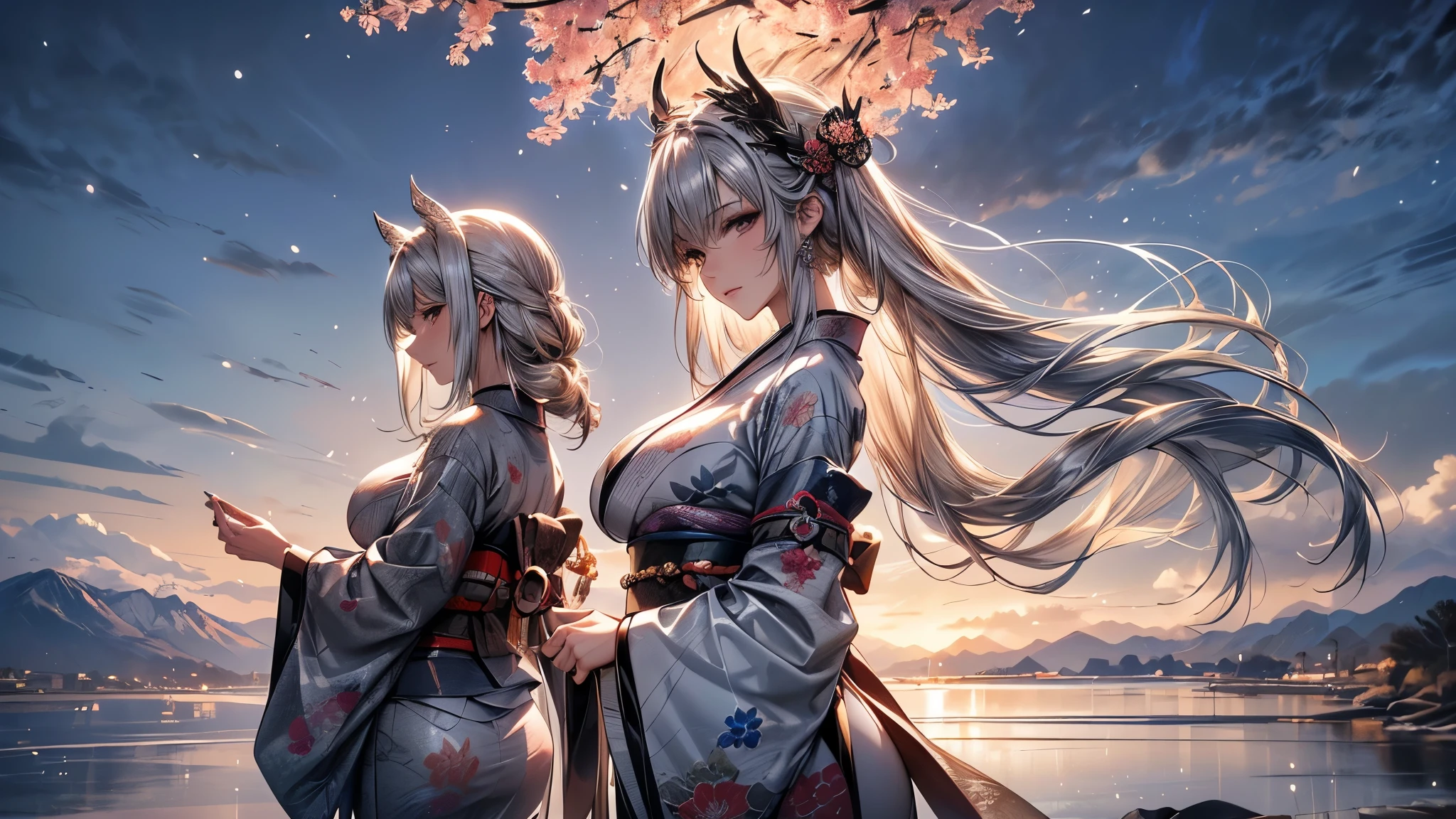 (Beautiful models in Japanese kimono ads), (Solitary), ((The face is 80% Beauty and elegance, 20% Playful:1.5)), (Her), Clear eyes, (Delicate eyes, Light brown eyes, Smart pupils), Double eyelids, (Sexy and slightly thick lips:1.2), Ultra Detailed and incredibly high resolution Kimono, Highly detailed facial texture, Attractive body shape, Full figure、very attractive woman, High-resolution RAW color photos Professional photos, rest ultra high-resolution textures, High resolution body rendering, big eyes, An unrivalled masterpiece, Incredibly high resolution, Ultra Detailed, Amazing ceramic skin, rest (Wearing a sparkling limpa flow silver kimono，There are many colors of Limpa Silver), (The main color is Rinpa shiny silver, Black to silver gradient from hem to collar), (Meticulously crafted classic Japanese shiny silver kimono), ((The embroidery pattern is a Japanese dragon, cloud, Mountains, and rivers)), (A belt that matches this kimono), ((shiny silver kimono，With delicate and elegant embroidery)), (The background is a night view，Light snow falling) rest ((best quality, 8k)), Clear focus:1.2, (Layer cutting, Large target:1.2), (Beautiful Women in Perfect Shape:1.4), (Beautiful figure，Full breasts:1.3), Slim waist, (The right hand shape:1.5), (full-body shot | Cowboy shooting | Rear view)