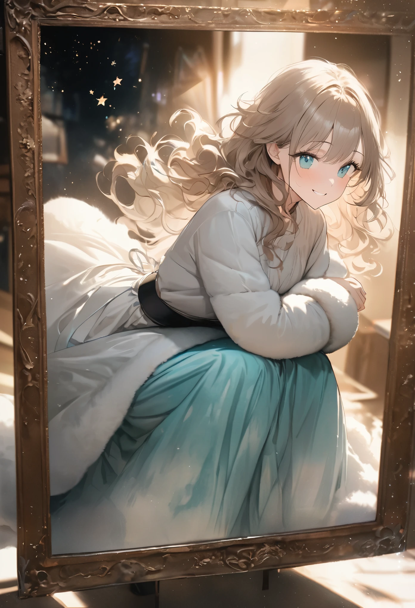 a work of art that combines photography and watercolors, best quality, super fine, 16k, incredibly absurdres, extremely detailed, beautiful woman, light brown messy wavy hair, wind-effect, crescent eyes, squint your eyes and smile, crouch down, squat, soft and fluffy clothing, long skirt, blurred and sparkling stars image effect, professional lighting, background Tiffany blue and silver ribbon picture frame