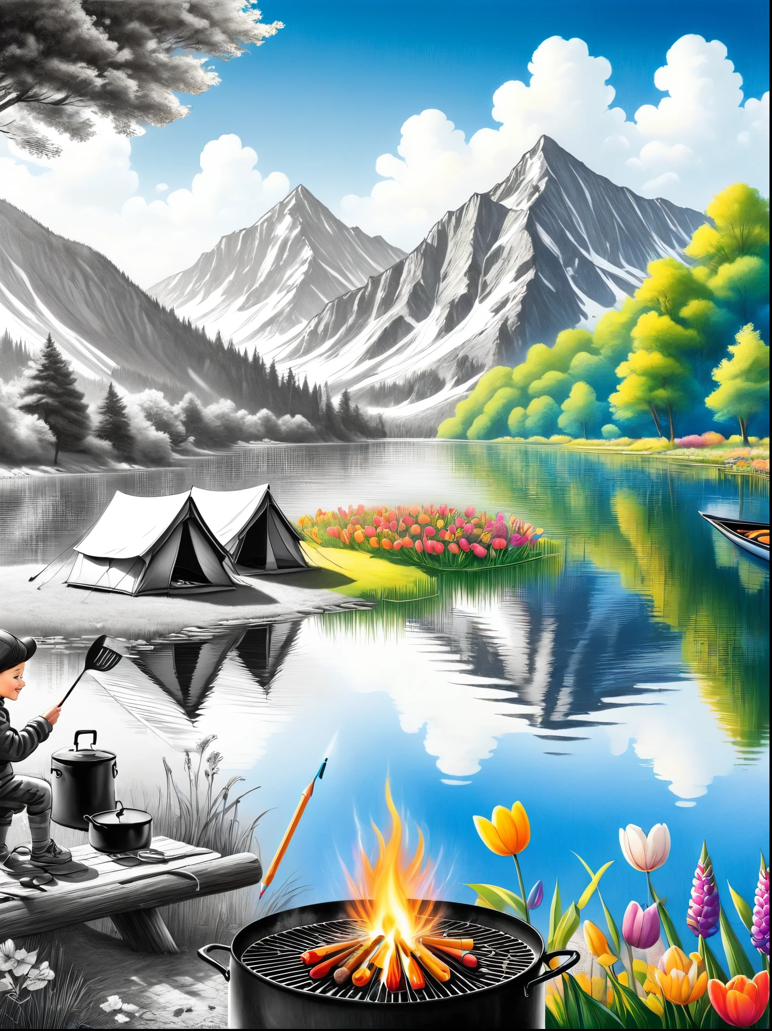 A cute boy and girl, tent camp, spring outing, lake, nature scenery, barbecue, blue sky, The artwork should transition from a pencil drawing style in black and white on the left half to vibrant colors on the right half. Ensure a seamless integration between the two halves without any dividing line. The scene is identical on both sides, with the left side featuring detailed black and white pencil strokes and the right side filled with colors, creating a harmonious blend across the image.