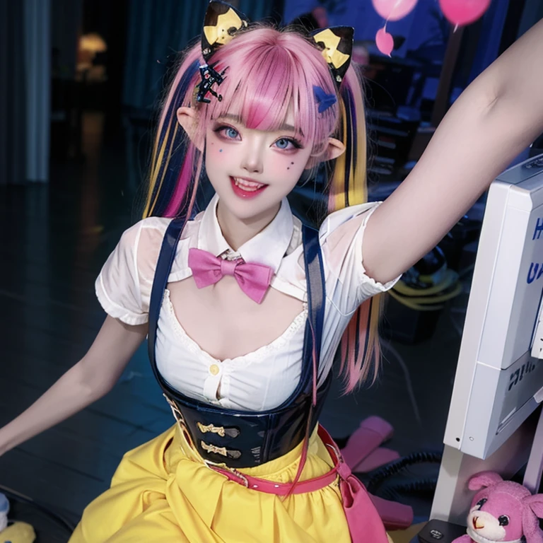 , 1girl, twintails,( multicolored hai:1.5)r, hair over one eye, x hair ornament, hair ornament, blue eyes, blue hair, smile, bow, pink hair, blonde hair, solo, looking at viewer, yellow bow, indoors, heart, makeup, skirt, selfie, phone, dress, teeth, hairclip, monitor, reaching towards viewer, long hair, bangs, short sleeves, pink nails, bowtie, suspenders, yellow bowtie, hair tie, open mouth, computer, stuffed toy, standing, bending over, shirt, livestream, belt, quad tails, pill, v,sparkle,violet lighting,,the most beautiful form of chaos, elegant, a brutalist designed, vivid colours, romanticism, atmospheric, (RAW photo, best quality), (realistic, photo-realistic:1.3), masterpiece, an extremely delicate and beautiful, extremely detailed,, (floating colorful {wind|water magic|ink|crystals|fire|ice|flame|lightning|web|rocks|sand|particles|sparkles|blood}:1), full body view, back view