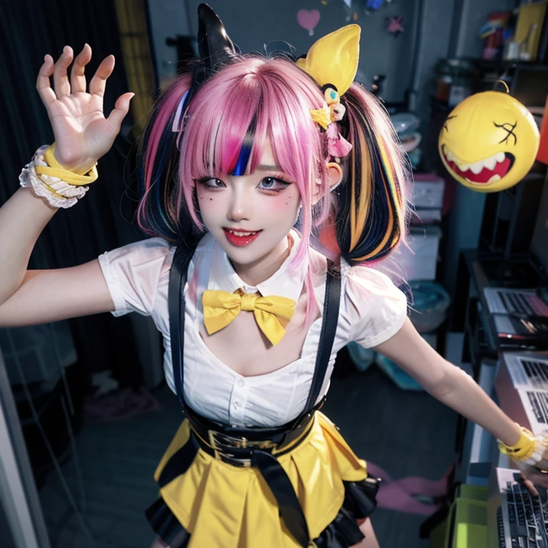 , 1girl, twintails,( multicolored hai:1.5)r, hair over one eye, x hair ornament, hair ornament, blue eyes, blue hair, smile, bow, pink hair, blonde hair, solo, looking at viewer, yellow bow, indoors, heart, makeup, skirt, selfie, phone, dress, teeth, hairclip, monitor, reaching towards viewer, long hair, bangs, short sleeves, pink nails, bowtie, suspenders, yellow bowtie, hair tie, open mouth, computer, stuffed toy, standing, bending over, shirt, livestream, belt, quad tails, pill, v,sparkle,violet lighting,,the most beautiful form of chaos, elegant, a brutalist designed, vivid colours, romanticism, atmospheric, (RAW photo, best quality), (realistic, photo-realistic:1.3), masterpiece, an extremely delicate and beautiful, extremely detailed,, (floating colorful {wind|water magic|ink|crystals|fire|ice|flame|lightning|web|rocks|sand|particles|sparkles|blood}:1), full body view, back view