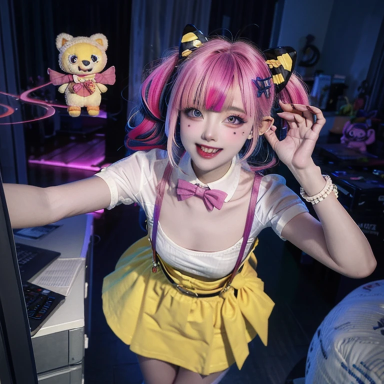 , 1girl, twintails,( multicolored hai:1.5)r, hair over one eye, x hair ornament, hair ornament, blue eyes, blue hair, smile, bow, pink hair, blonde hair, solo, looking at viewer, yellow bow, indoors, heart, makeup, skirt, selfie, phone, dress, teeth, hairclip, monitor, reaching towards viewer, long hair, bangs, short sleeves, pink nails, bowtie, suspenders, yellow bowtie, hair tie, open mouth, computer, stuffed toy, standing, bending over, shirt, livestream, belt, quad tails, pill, v,sparkle,violet lighting,,the most beautiful form of chaos, elegant, a brutalist designed, vivid colours, romanticism, atmospheric, (RAW photo, best quality), (realistic, photo-realistic:1.3), masterpiece, an extremely delicate and beautiful, extremely detailed,, (floating colorful {wind|water magic|ink|crystals|fire|ice|flame|lightning|web|rocks|sand|particles|sparkles|blood}:1), full body view, back view