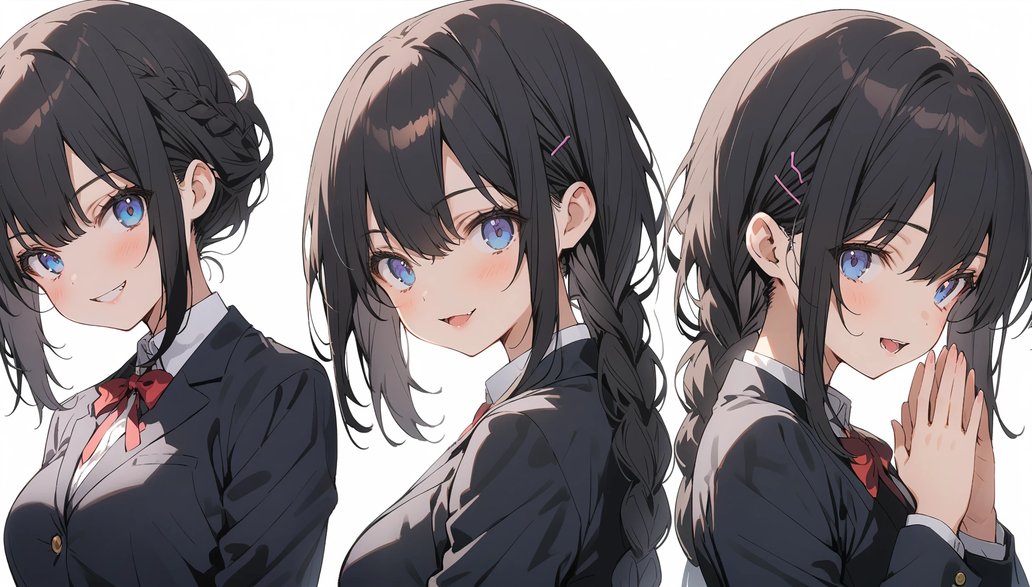 White background、Solid white background、Blank background、Solo,just standing girl, One Girl、Ultra-high resolution, highest quality,fish-bone braid hair、Fishbone Hair、black hair、Photographing the upper body,arms behind back、Put your hands behind your back、Hide your hands、busty、beautiful detailed eyes、Black hair × Blue eyes、blue eyes、Open your mouth without showing your teeth、Smile with mouth wide open、 Black long sleeve blazer,Black pleated skirt、Knee-high socks、