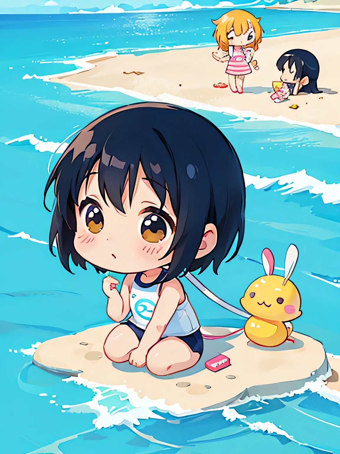 Michiko Satonaka style, Kawaii Design, The most beautiful girl of all time、(((Chibi))), play together、Cute Aliens, Beach, Swimwear,
