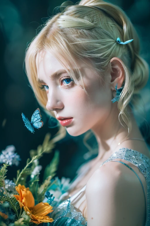 ( masterpiece, top quality, best quality,8k,17 years old girl,ultra detailed,raw photo:1.5),(photorealistic:1.4), (cinematic lighting), PerfectNwsjMajic, , Surrealism, UHD, ccurate, Super detail, textured skin, High detail, Best quality, dynamic angle, White skin,[Beautiful blue eyes], high nose,[flat chest:large breasts:0.5],(1girl),((good anatomy:0.5)),(covered in flowers:1.4), night sky, joint, (Blonde hair:1.3), interested in, fire and ice, (The image is divided into two，Available in a variety of colors:2), eyes blues, sapphire, liquid metal, night sky, (Look at an angle:1.3), (fire and ice), ((Lower chrome)), (hairpin:1.4), (forest:1.3), (fog: 1.3),  Subtle colors and tones, mystical aura ,dreamy atmosphere,expressive brush strokes, mystical ambiance, Artistic interpretation,Wonderland, blue glowing flowers, glass butterflies