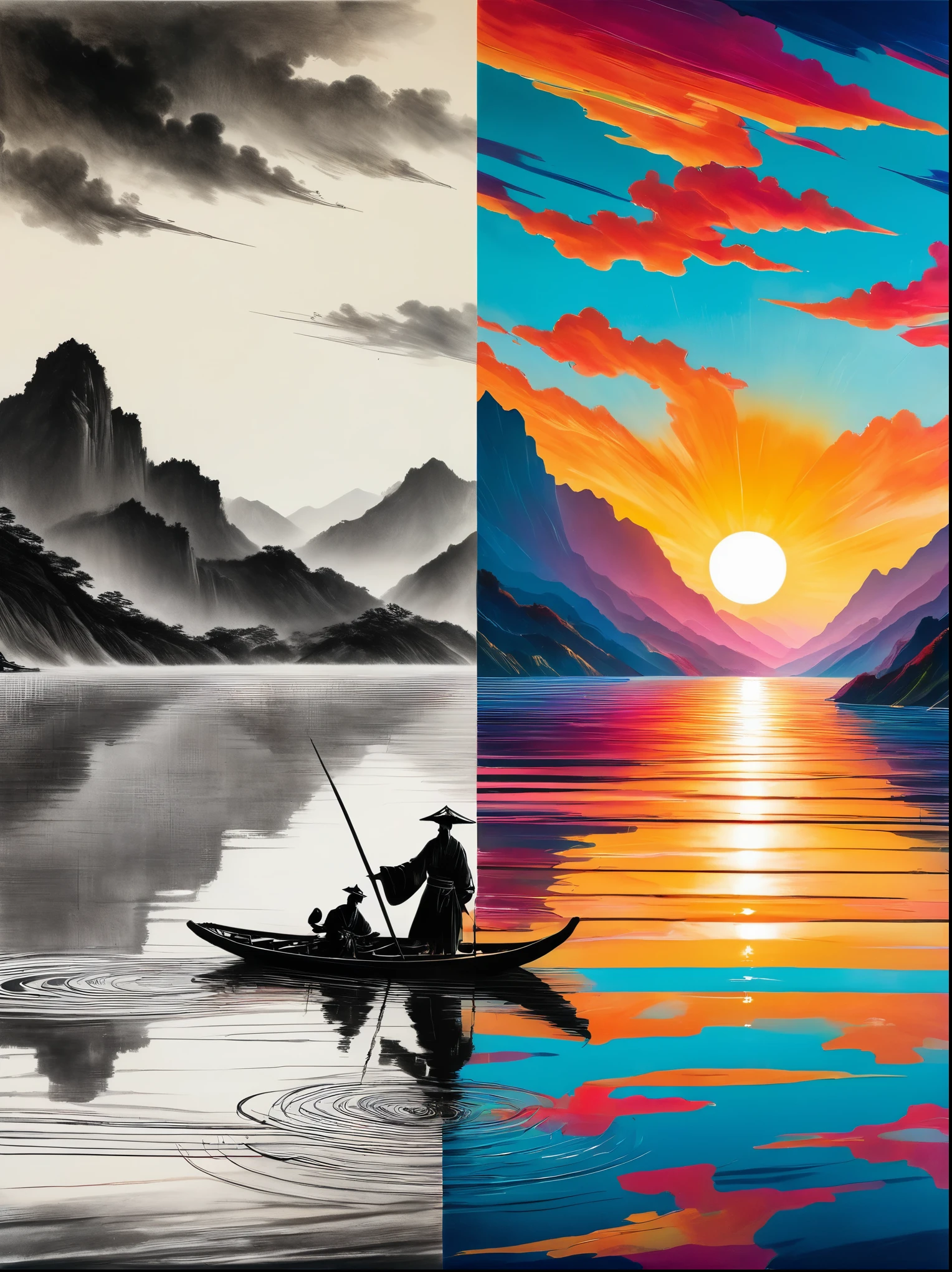 At sunset, angleshing line thrown into water, mountains, calm water surface, reflecting the tones of the water surface, Zhang Daqian style, The artwork should transition from a pencil drawing style in black and white on the left half to vibrant colors on the right half. Ensure a seamless integration between the two halves without any dividing line. The scene is identical on both sides, with the left side featuring detailed black and white pencil strokes and the right side filled with colors, creating a harmonious blend across the image.