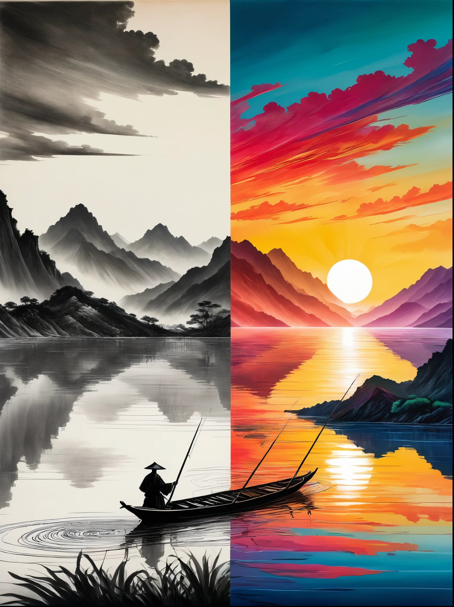 At sunset, angleshing line thrown into water, mountains, calm water surface, reflecting the tones of the water surface, Zhang Daqian style, The artwork should transition from a pencil drawing style in black and white on the left half to vibrant colors on the right half. Ensure a seamless integration between the two halves without any dividing line. The scene is identical on both sides, with the left side featuring detailed black and white pencil strokes and the right side filled with colors, creating a harmonious blend across the image.