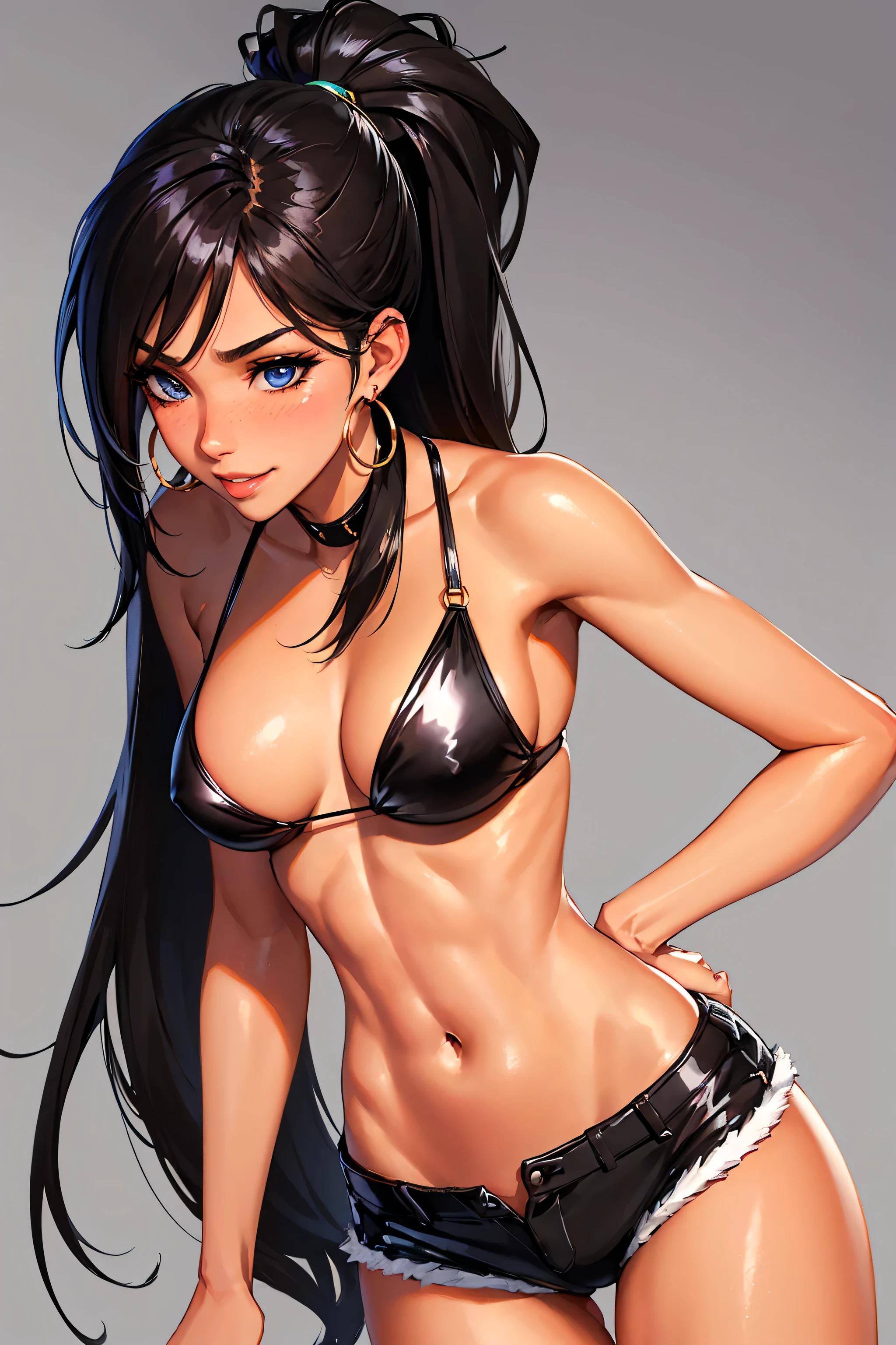 1girl,a beautiful fashion model ,(masterpiece, detailed background, best quality), elegant makeup, hoop earrings, seductive smile, oral invitation, ear blush, full blush, 8k, super detail, ccurate, best quality, award winning, best quality, 1080P, 4K, textured skin, slutty outfit, abs, ((tan skin, shiny skin)), akali, long black hair, long ponytail, hair between eyes, blue eyes, girl wearing bikini top and shorts, visible thong straps slender, athletic, slim