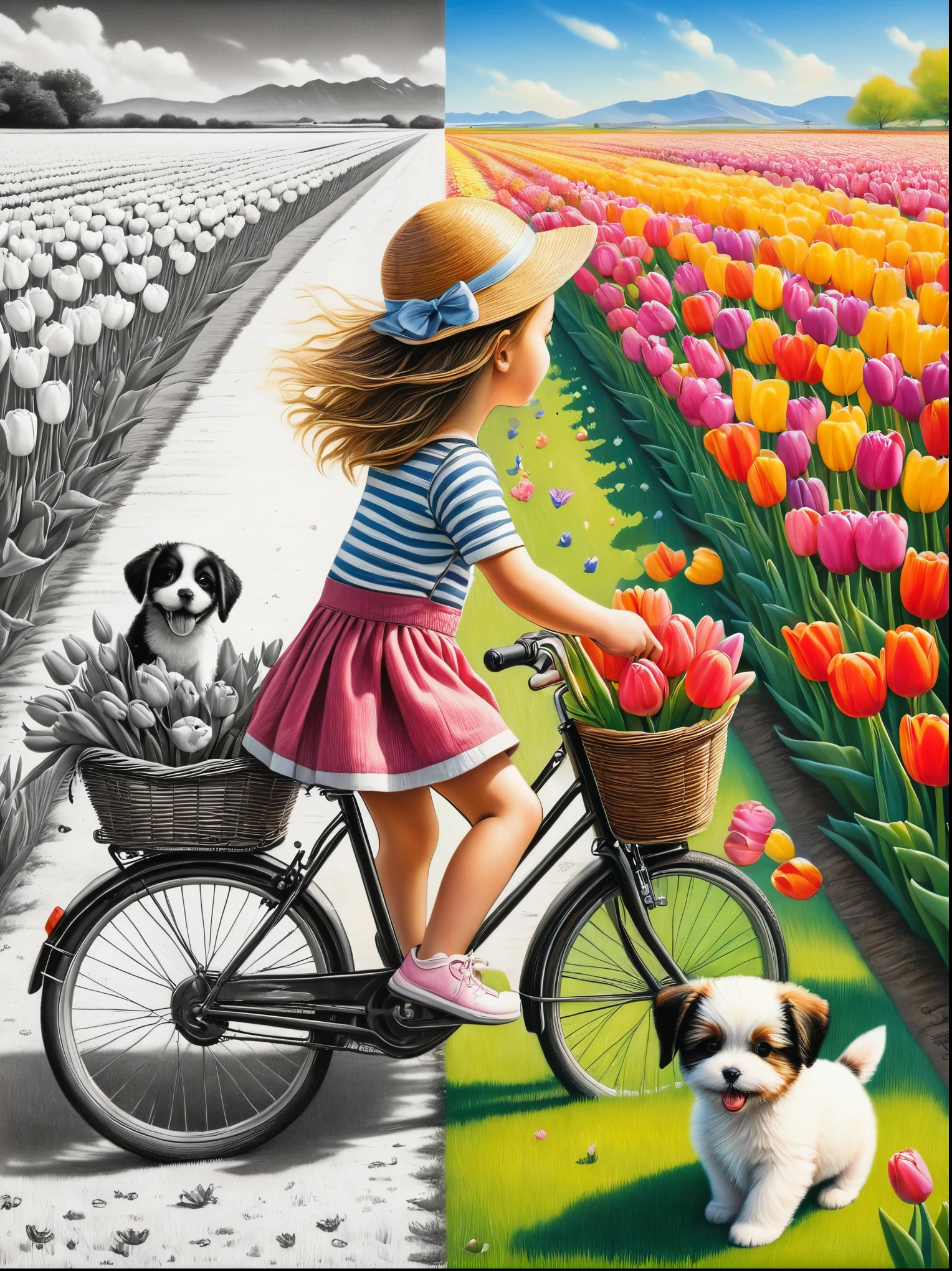 Sea of Flowers，Wind blowing through tulip fields，Spring field scenery，Close up of girl riding bicycle with puppy on sunny day，There are flowers and a puppy in the bamboo basket in front of the car，Tulips in the foreground are clear，The artwork should transition from a pencil drawing style in black and white on the left half to vibrant colors on the right half. Ensure a seamless integration between the two halves without any dividing line. The scene is identical on both sides, with the left side featuring detailed black and white pencil strokes and the right side filled with colors, creating a harmonious blend across the image.