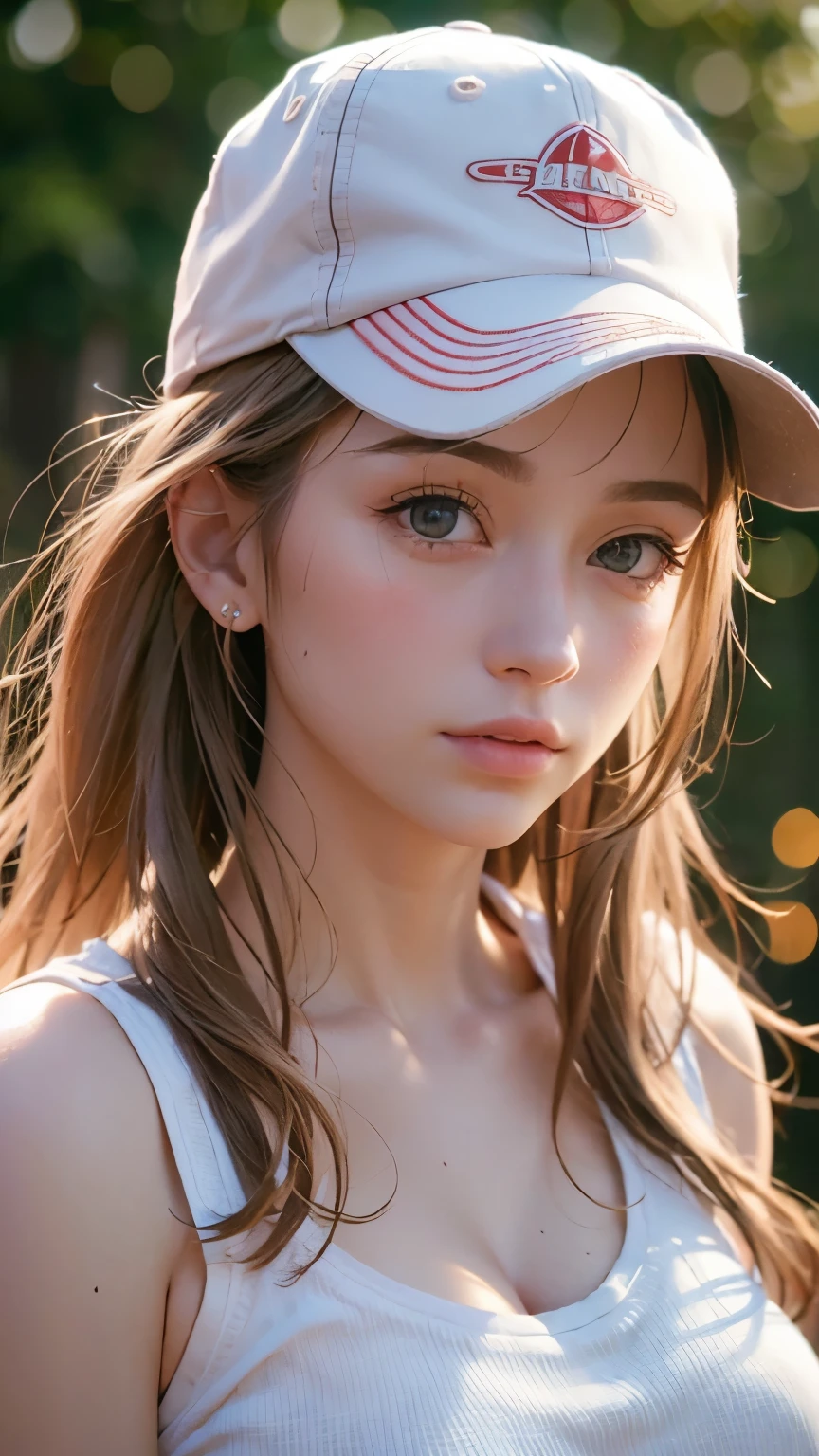 One girl, Terry Bogard Girl, Blonde, ponytail, blue eyes, Baseball cap, Eyes focus, Beautiful park background (8k), (highest quality), (masterpiece:1.2), (Realistic), (Very detailed), (Fine grain:1.2), (Detailed face:1.2), (realism:1.2), (super high quality), (Complex), (85mm), Particles of light, Lighting, (Very detailed:1.2), (Gradation), Colorful, SFW, Dawn, alone,(Upper Body Shot:1.5)